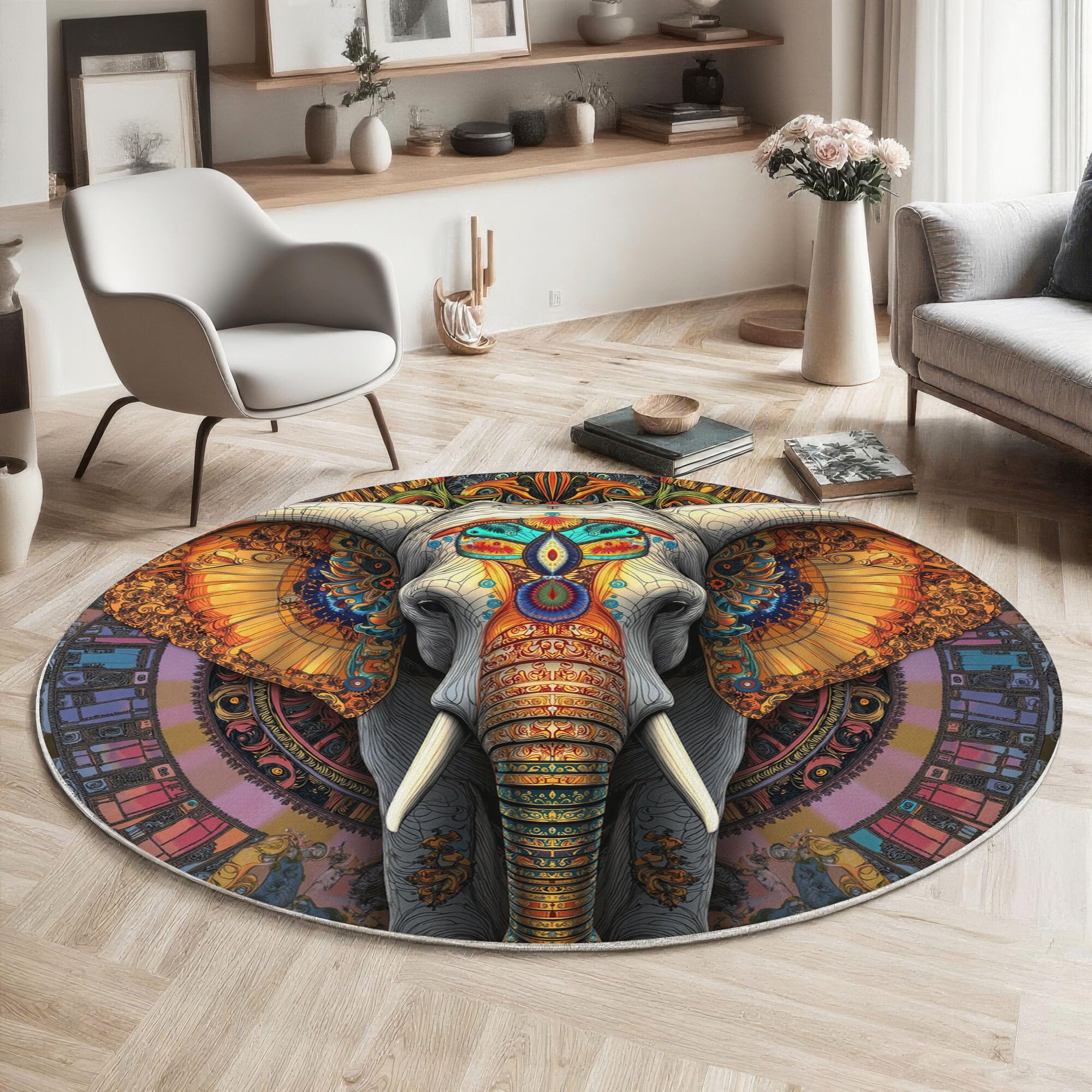 Tapis Ronds Mandala Éléphant, Tapis Rond Illustration Ethnique Antidérapant Doux Rugs Chambre, Lavable Rug De Salon, pour Bureau L'intérieur 120cm