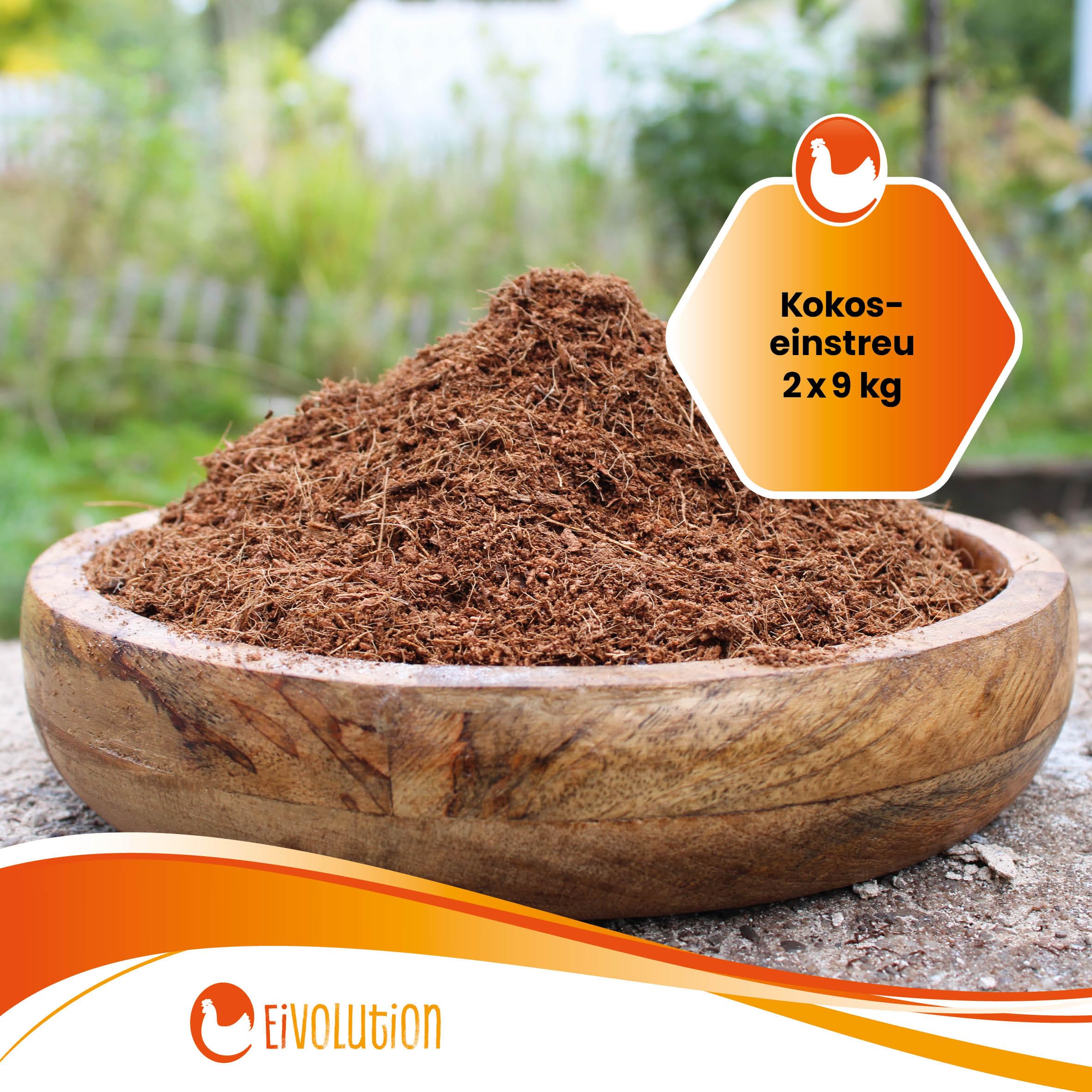 Kokoseinstreu 18 kg (2 x 9kg) aus Kokosfasern für Hühner, Wachteln und Kleintiere, hohe Saugkraft, geruchsbindend, hypoallergen, für Stall und Innenbereich