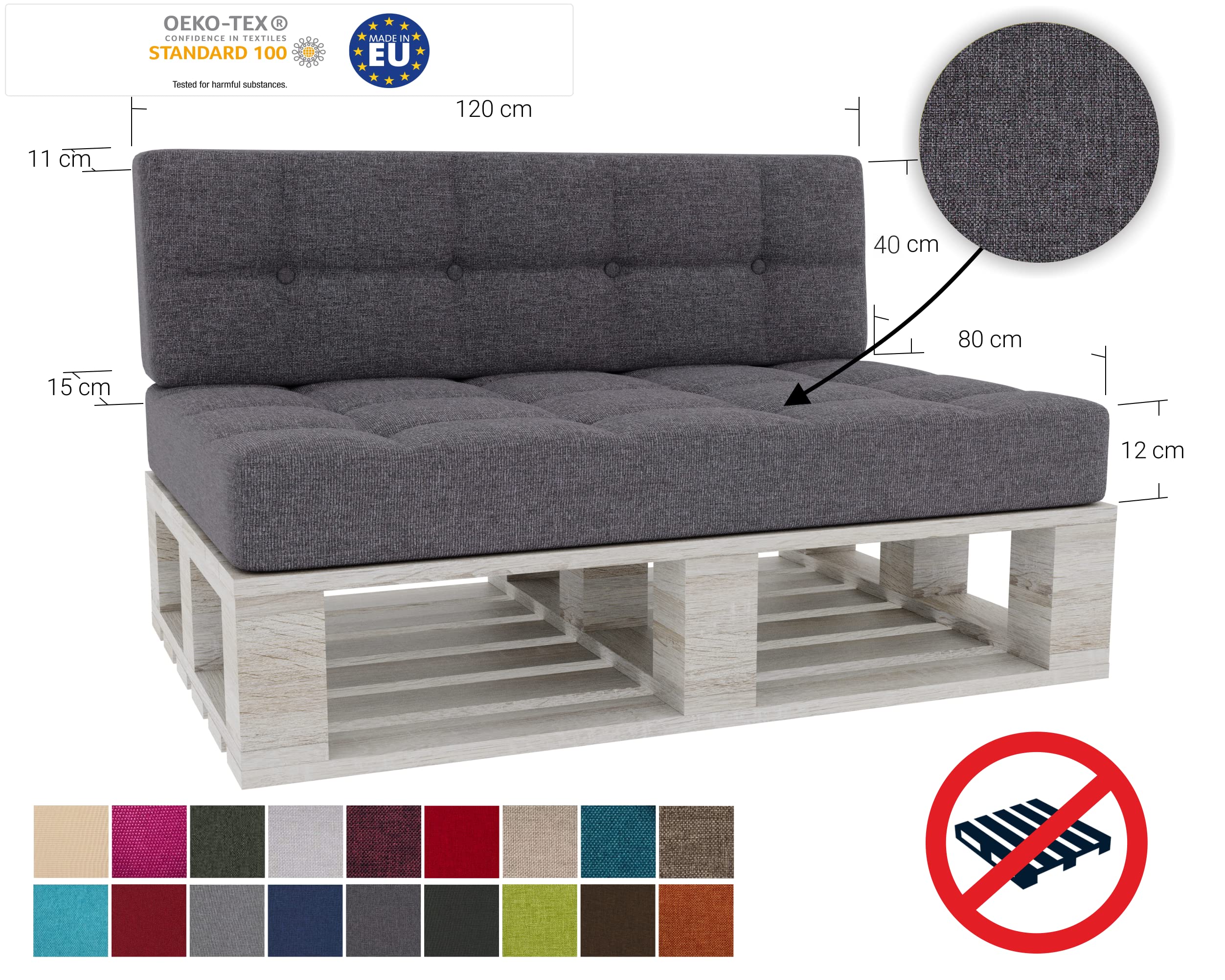 Gutekissen® Palettenkissen Gesteppte Kissen mit Knöpfen, Palettenauflagen Sitzkissen Rückenlehne Gesteppt PFG (Set (Sitzkissen 120x80 +Rückenlehne 120x40), Dunkelgrau)