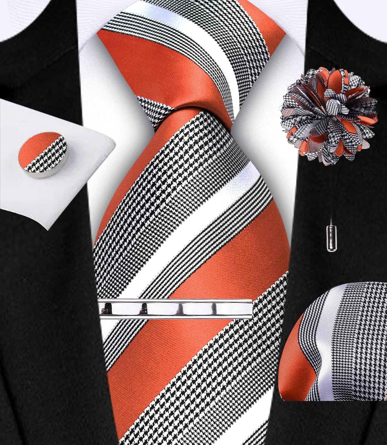 GUSLESON Striped Tie Set for Men Necktie and Pocket Square,Tie Clip,Cufflinks, Lapel Pin Sets with Gift Box 5PCS - Image 2