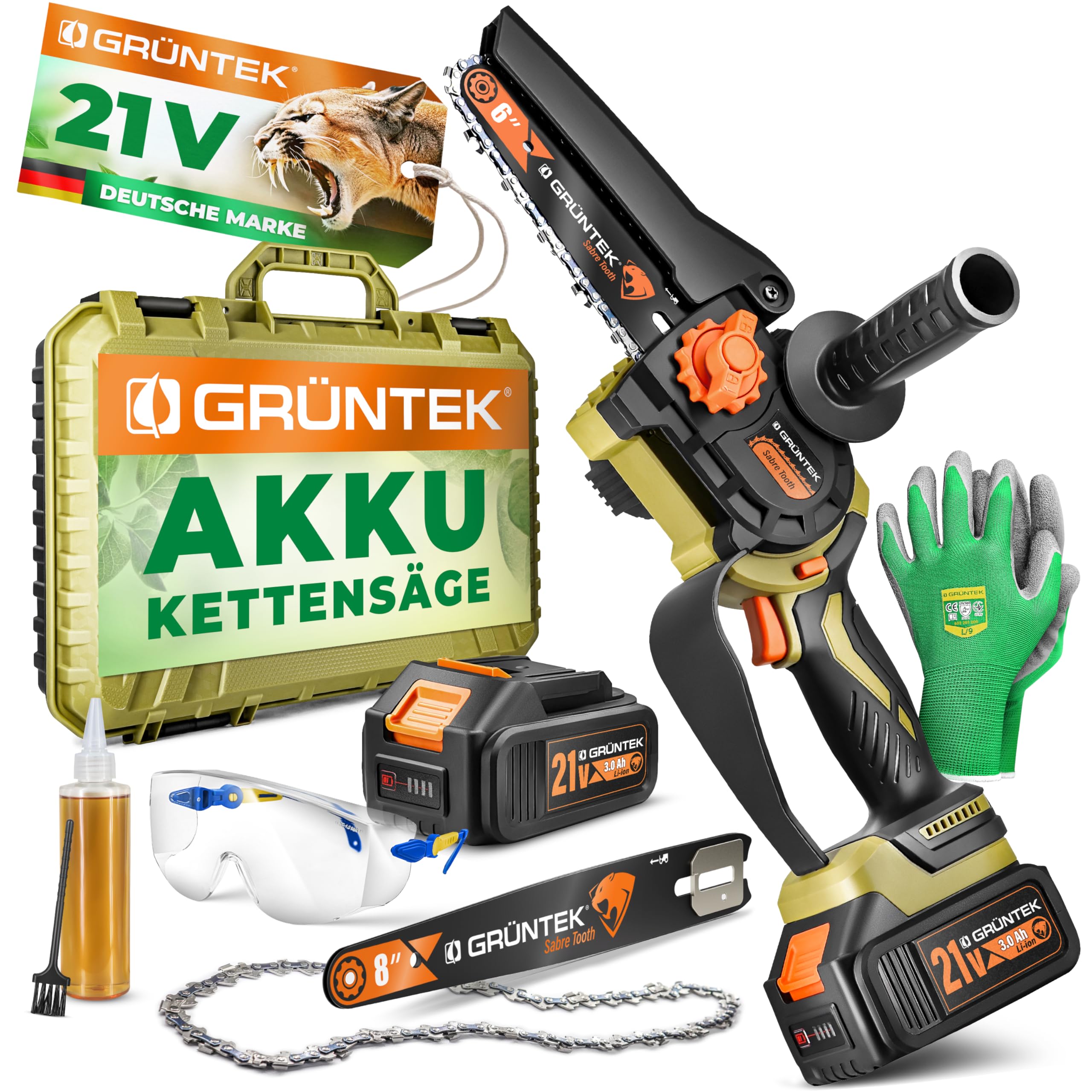 GRÜNTEK Akku Kettensäge 21V, Mini Motorsäge mit 2 Akkus, Elektrische Akku Astsäge, Gartensäge 1050W Brushless, Profi Handkettensäge, 6 und 8 Zoll Schwert, Kompakt mit viel Zubehör im Koffer