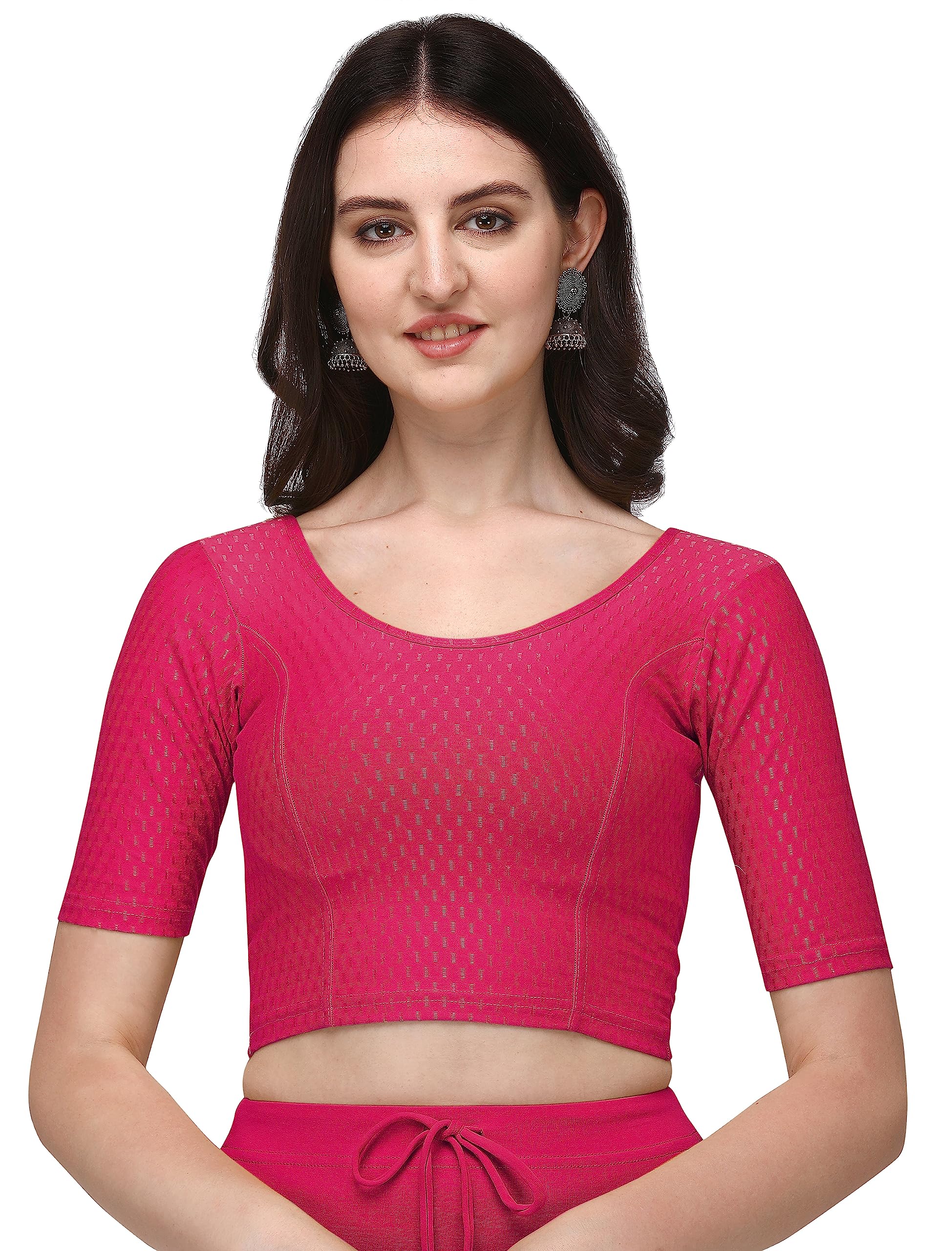 Shiv Textiles Round Neck Dobby Cotton Lycra Stretchable Elbow Sleeve Readymade Saree Blouse For Women Stylish (Pinkpluse Size)