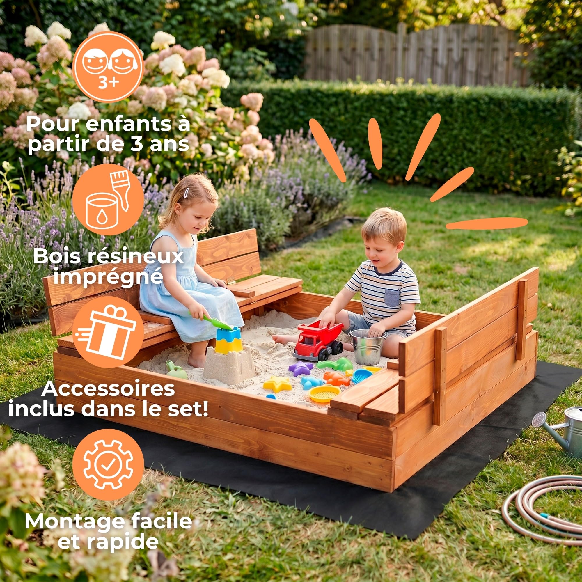 SPRINGOS Bac à Sable Bois 120x120 cm – Couvercle, Bancs, Géotextile, Bâche – Planches 18-20 mm, Bords Arrondis, Traitement Écologique – Fabriqué en Pologne