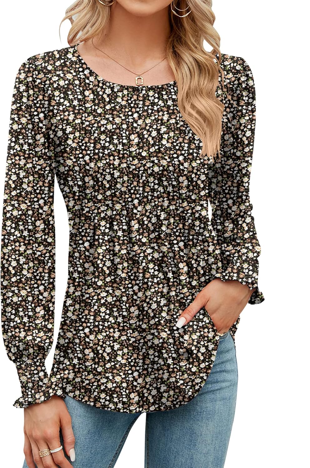 Rapbin Women’s Long Sleeve Tops Fall Puff Tunic Tops Pleated Crew Neck T-Shirts Casual Loose Blouses with Smocked Cuffs