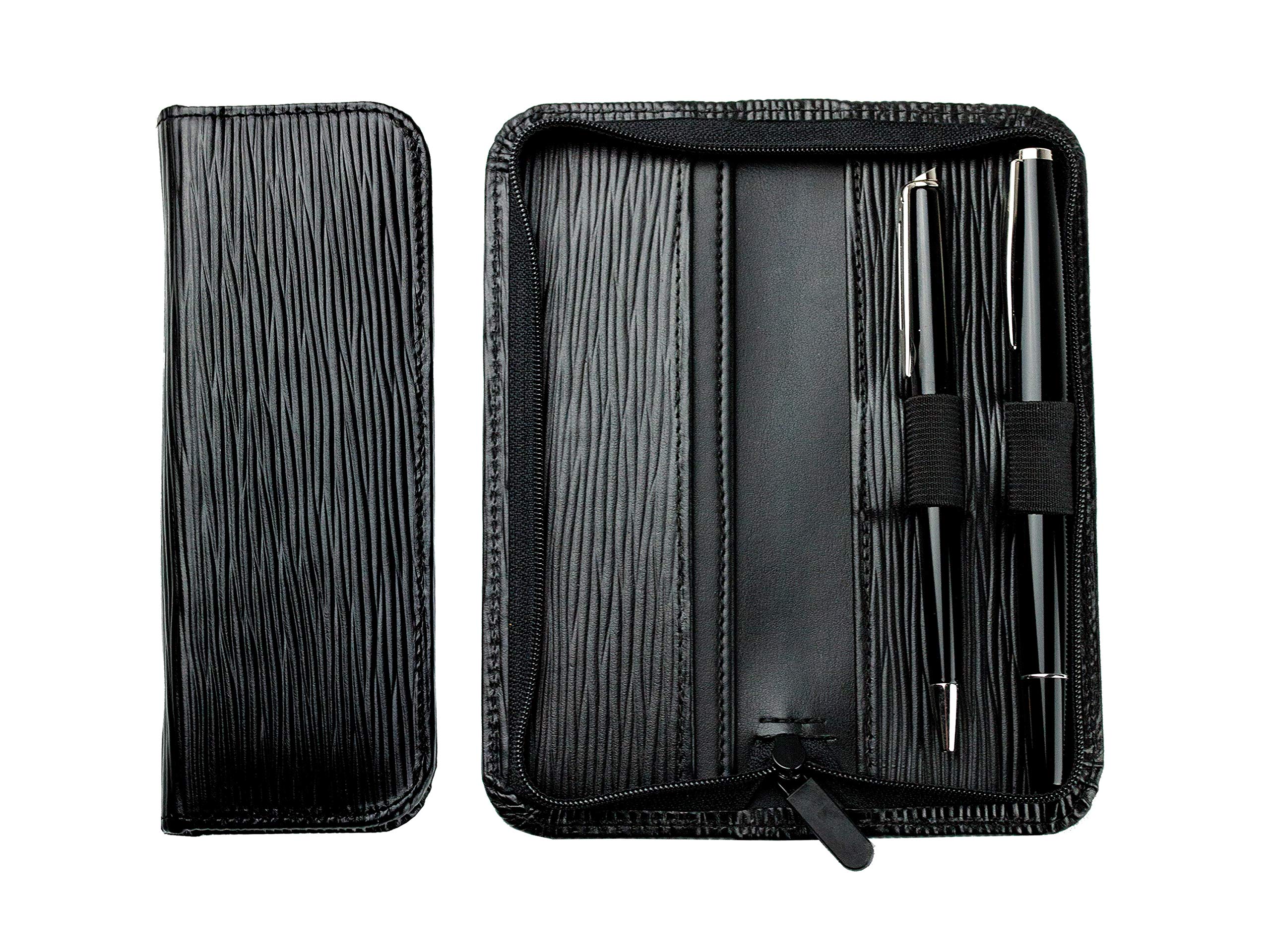 DELMON VARONE - Personalisierbares Schreibgeräteetui aus Premium Manhattan Leder schwarz, Echtleder Stifteetui mit Reißverschluss für 2 Schreibgeräte, Etui für hochwertige Kugelschreiber & Füller