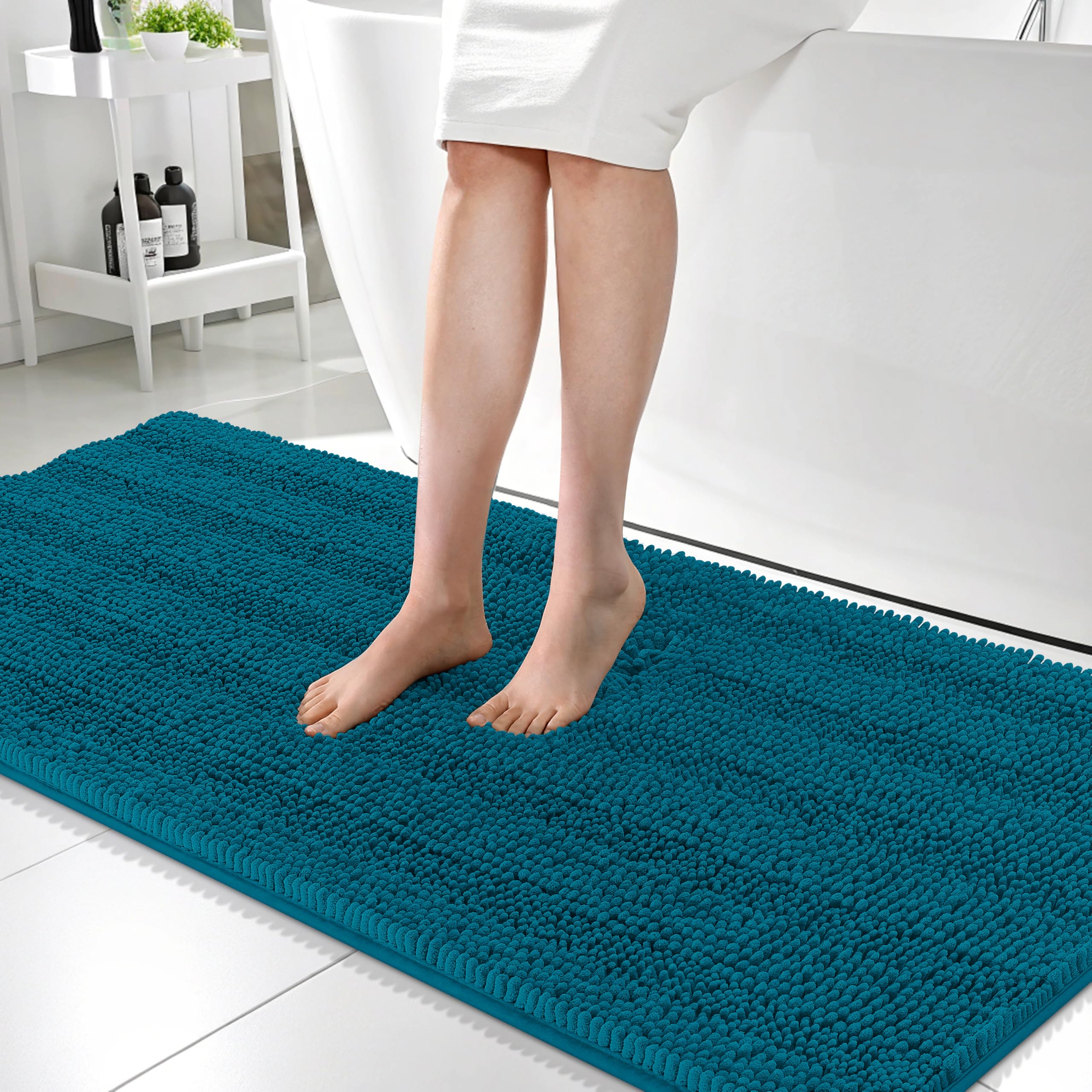 OLANLY Thick Bathroom Runner Rugs 59x24, Chenille Bath Rugs, Peacock Blue