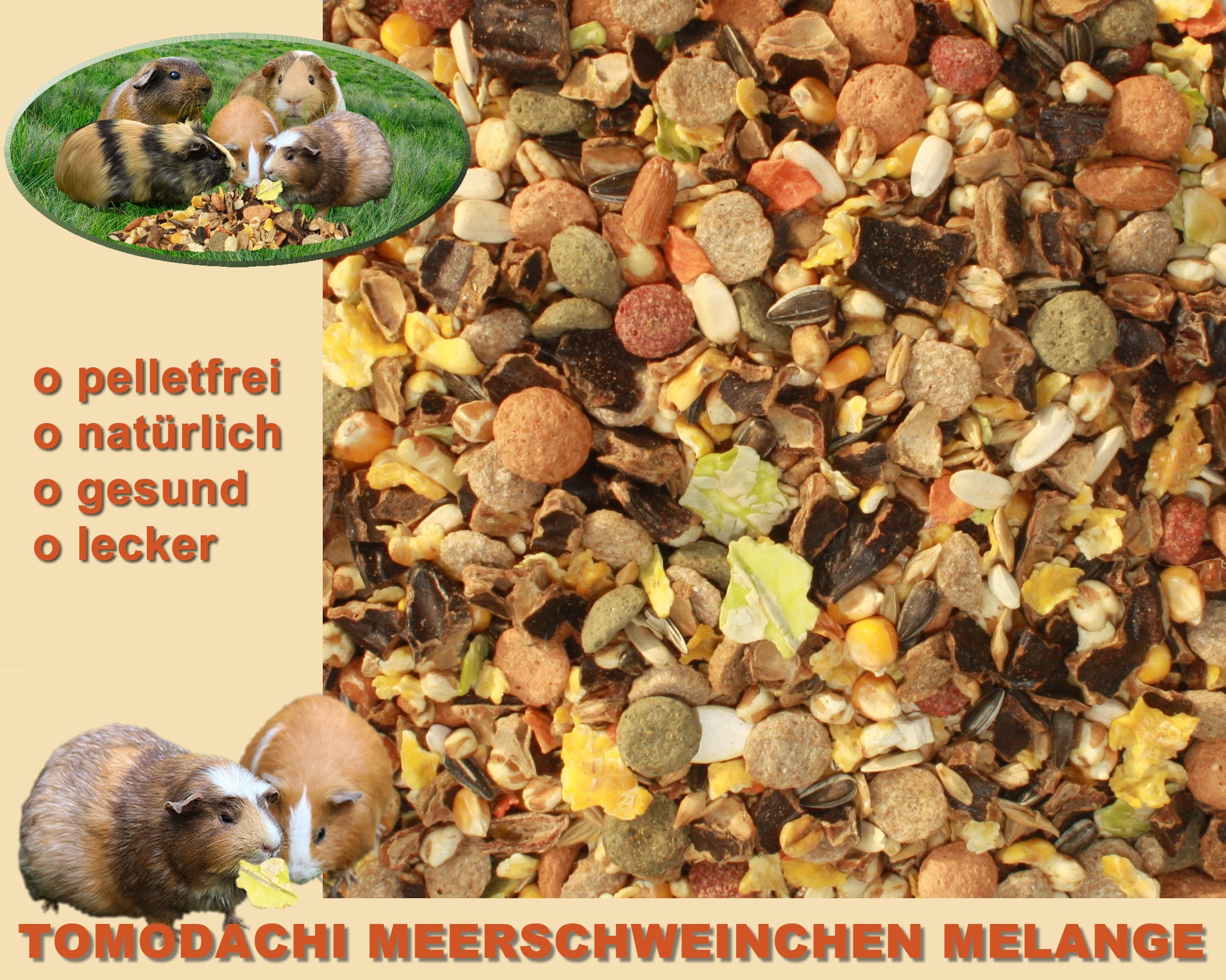 Tomodachi Meerschweinchenfutter pelletfrei Hauptmahlzeit Gemüsemix Alleinfutter Müsli Meerschwein Möhrenflocken Erbsenflocken Getreide Nüsse Kräuter 15kg