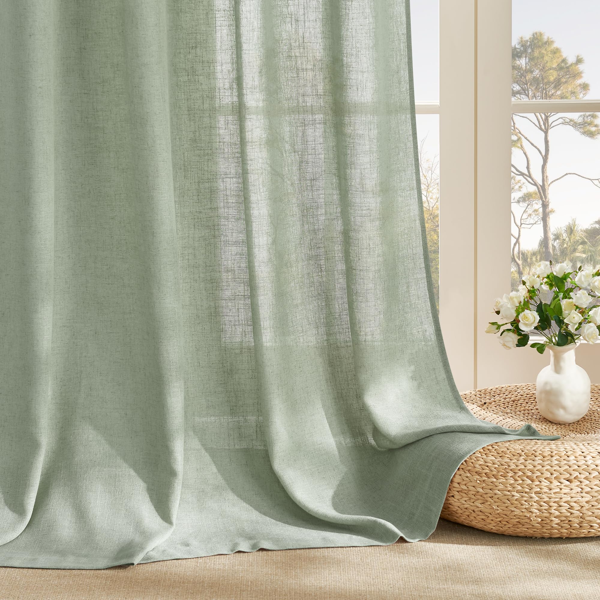 NICETOWN Grün Vorhänge Leinenoptik Boho Gardinen Halbtransparent mit Ösen | Graugrün, H245 x B140 cm, Halbdurchlässig, 2er Set, Leinen Gardine, Passend für Wohnzimmer und Schlafzimmer, Sichtschutz
