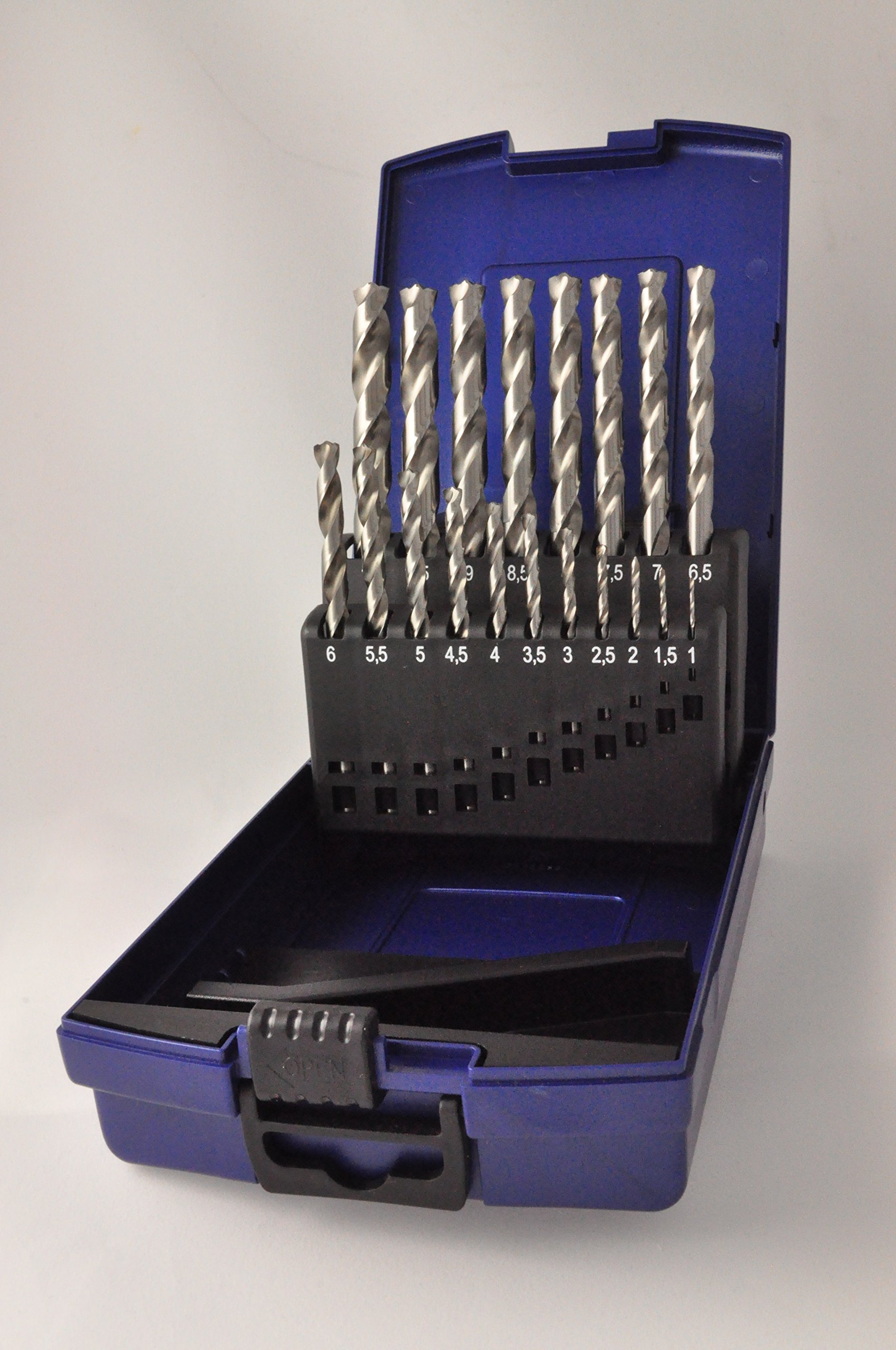 Set di 19 punte HSS-Co punte elicoidali, DIN 338 N, Con ridotto Grat Istruzione, dimensioni: 1,0 – 10,0 mm x 0,5 mm
