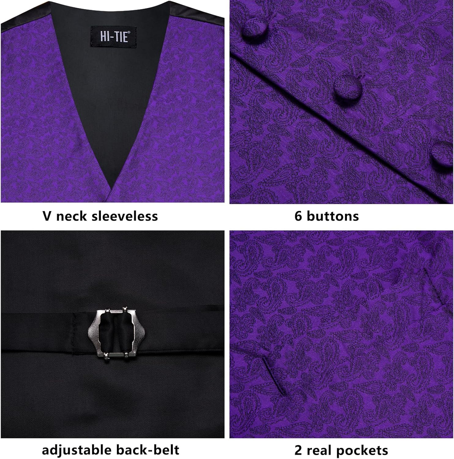 Hi-Tie Mens Silk Vest Set 6 PCS Dress Vest and Tie Pocket Square Lapel Pin for Work Wedding Business