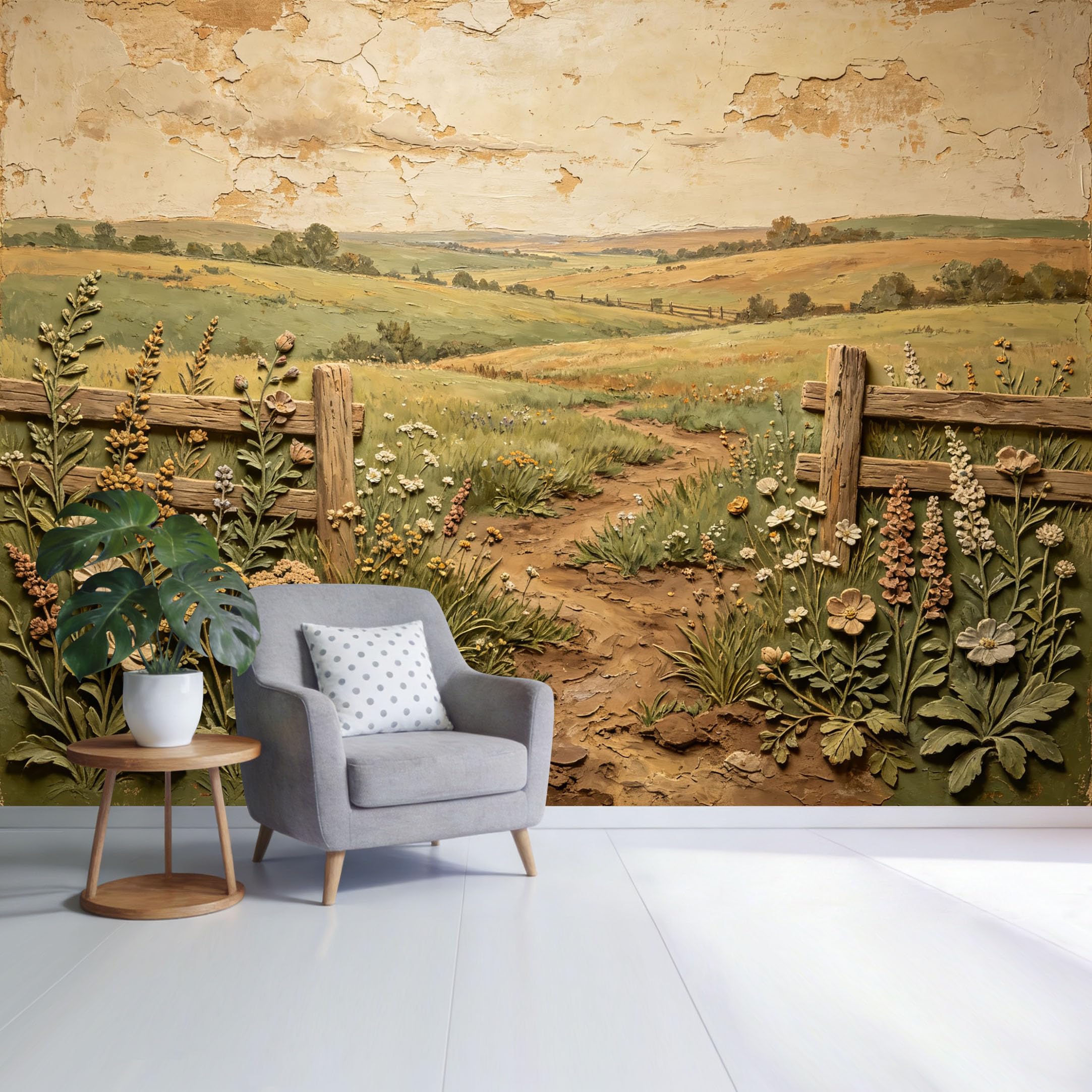 Custom Size Wall Mural Rustic Farmhouse Countryside Path Wildflower Field Landscape Textured Oil Painting Style SelfAdhesive Wall Fabric Removable Wallpaper for Home Office Decor