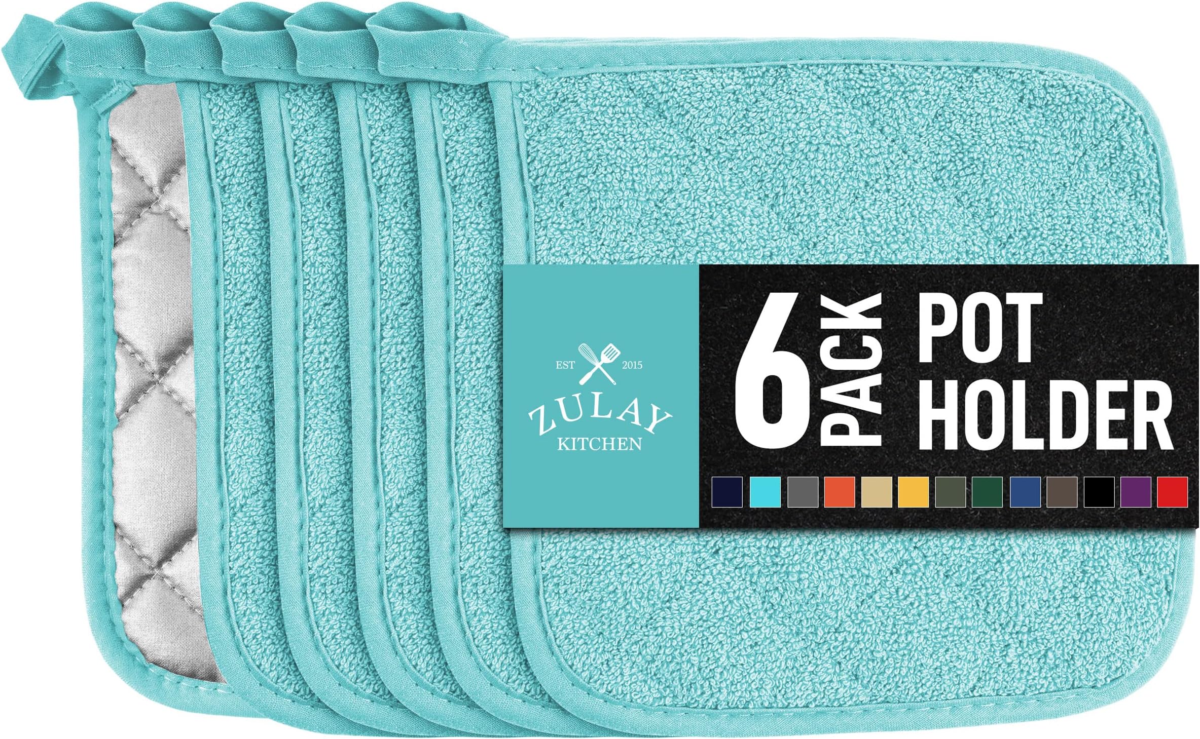 Zulay 6-Pack Pot Holders for Kitchen Heat Resistant Cotton - 7x7 Inch Hot Pot Holder Set - Quilted Terry Cloth Potholders for Kitchens - Washable Potholder for Cooking & Baking (Aqua)