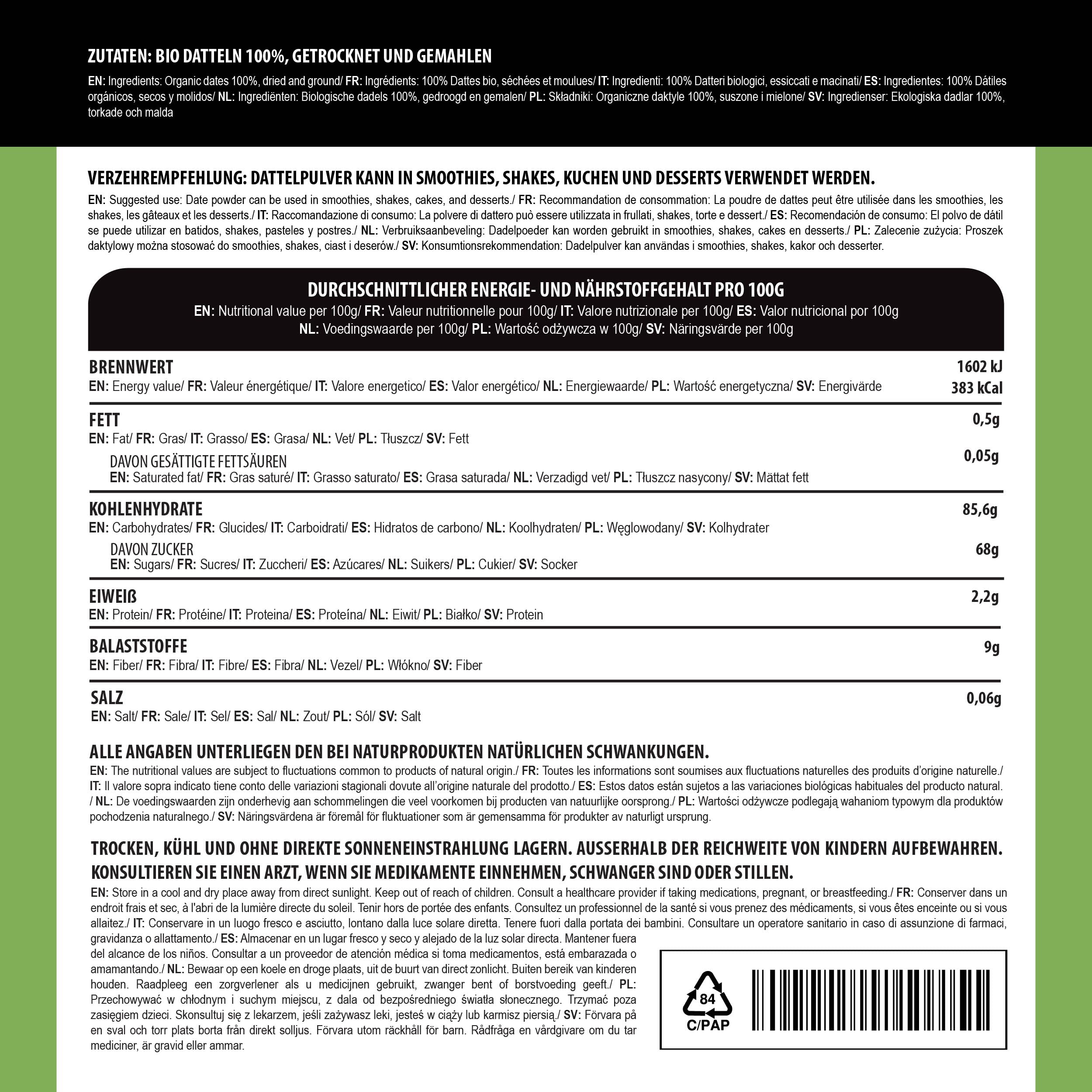 Alpi Nature Azúcar de Dátil Orgánico 1kg, Dátiles Orgánicos Molidos en Polvo, Sustituto del Azúcar