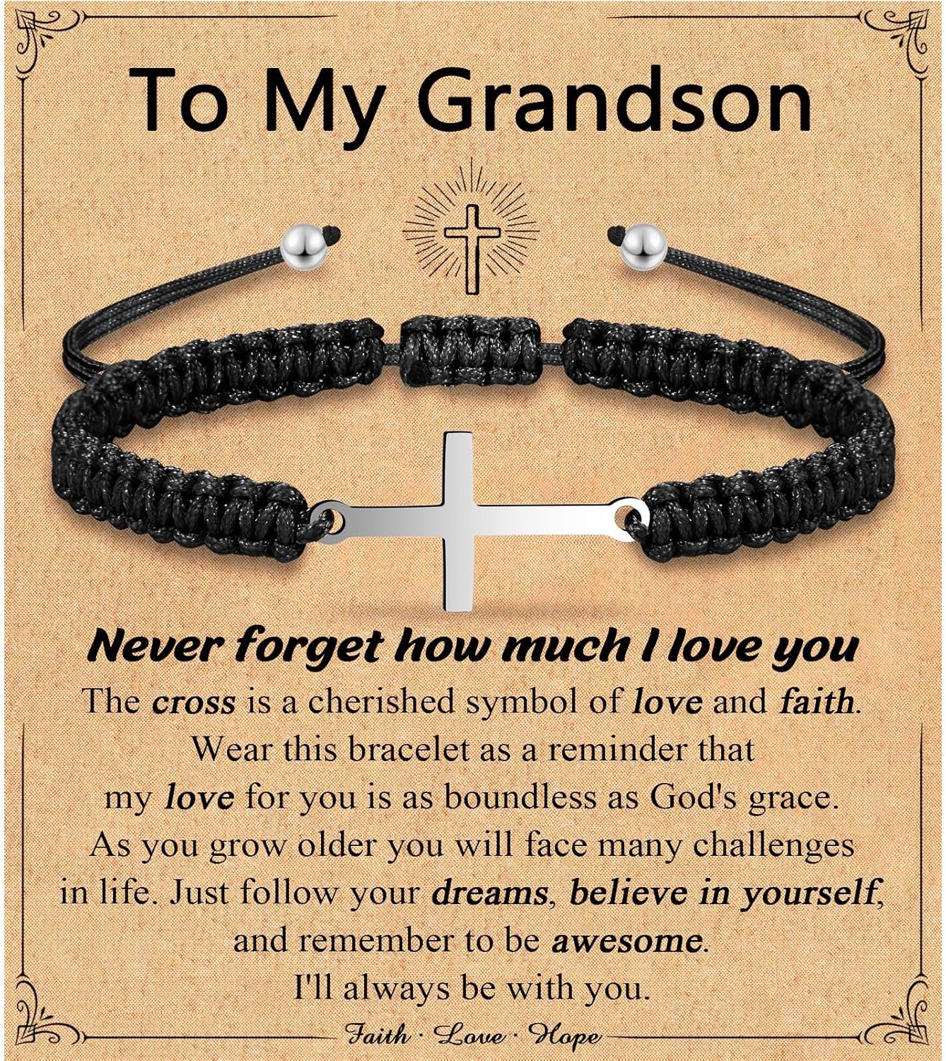 Leyung Cross Bracelet Gifts for Boys, Easter Basket Stuffers Baptism Confirmation First Holy Communion Christmas Christian Gifts for Boys Son Grandson Nephew Godson Brother