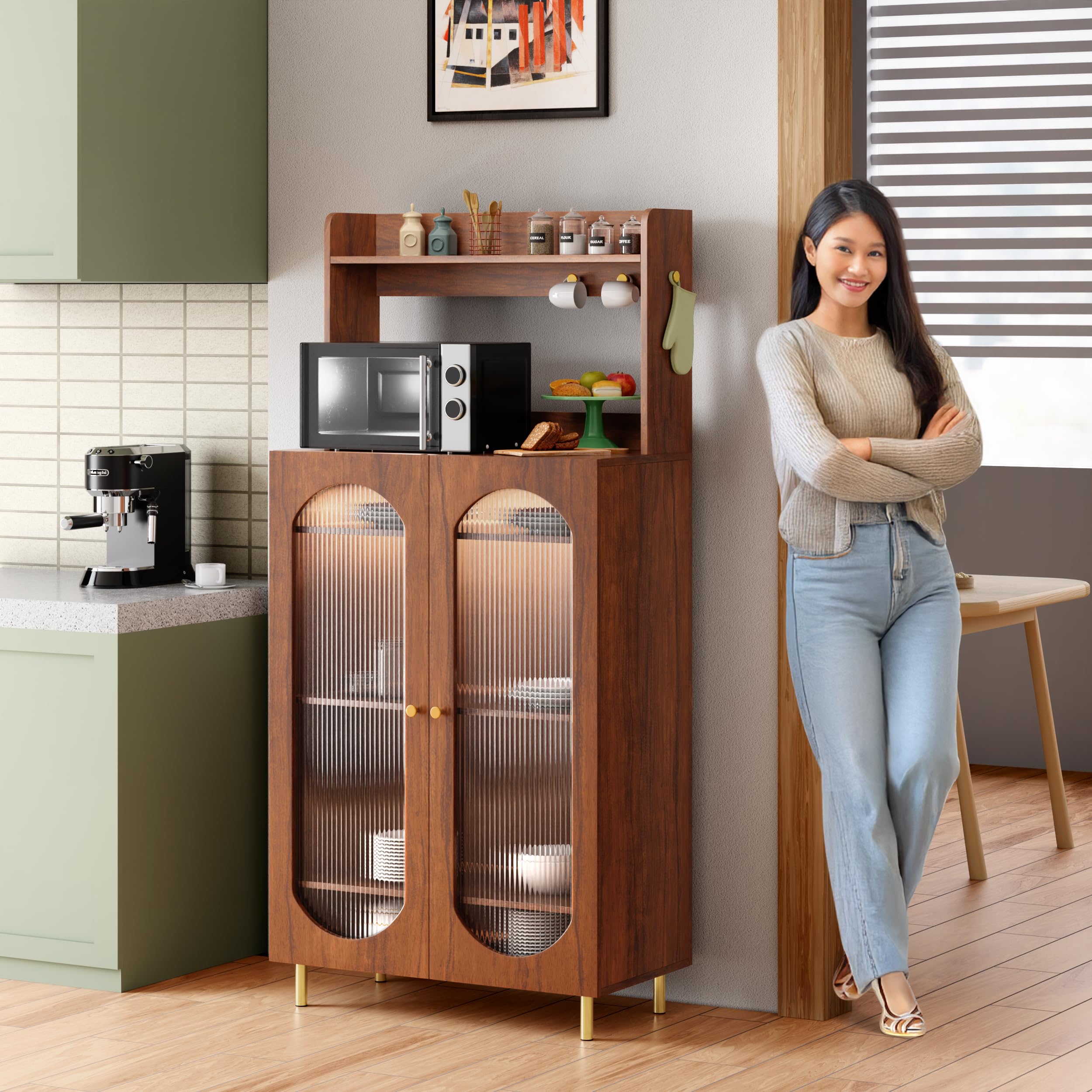 Rocco Stellar Multipurpose Storage Cabinet | Engineered Wood Sideboard for Living Room, Kitchen & Office | Adjustable Shelves, LED Lights & Soft-Close Doors (Teak Brown, Tall Size with Upper Shelf)