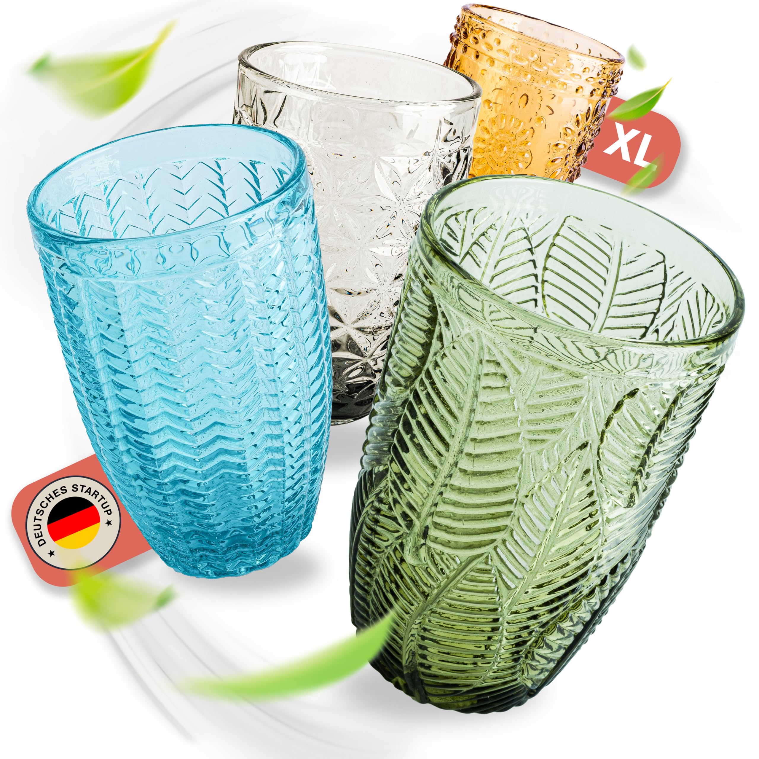Norqvist Trinkgläser Set bunt - Gläser Set - Wassergläser farbig, Saftgläser - 4er Set 360 ml - Spülmaschinengeeignet - Modernes Design mit Mustern