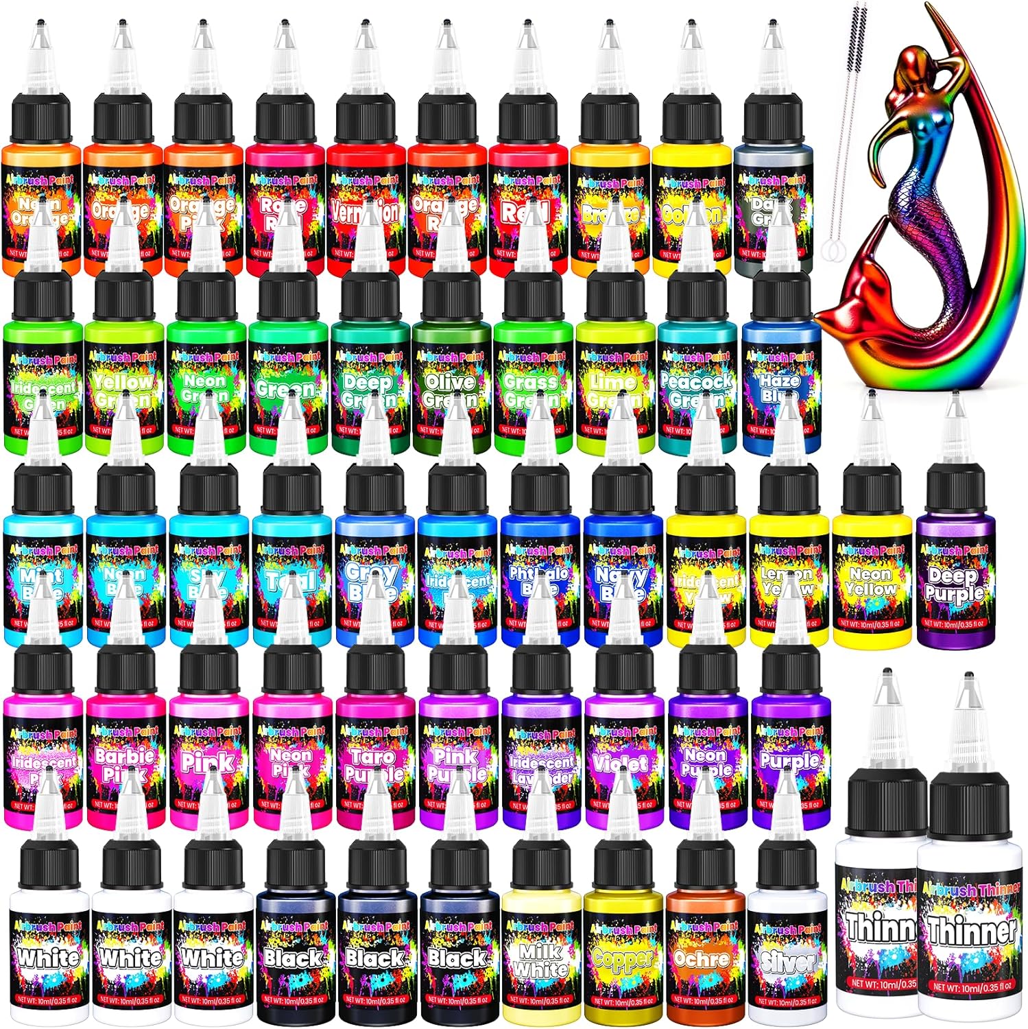 Airbrush Paint - 54 Colors with 2 Airbrush Thinners, Ready to Spray Air Brush Painting Set, Water Based Acrylic Paint for Model, Car, Metal, Fabric, Artists Beginners 4 Types of Colors