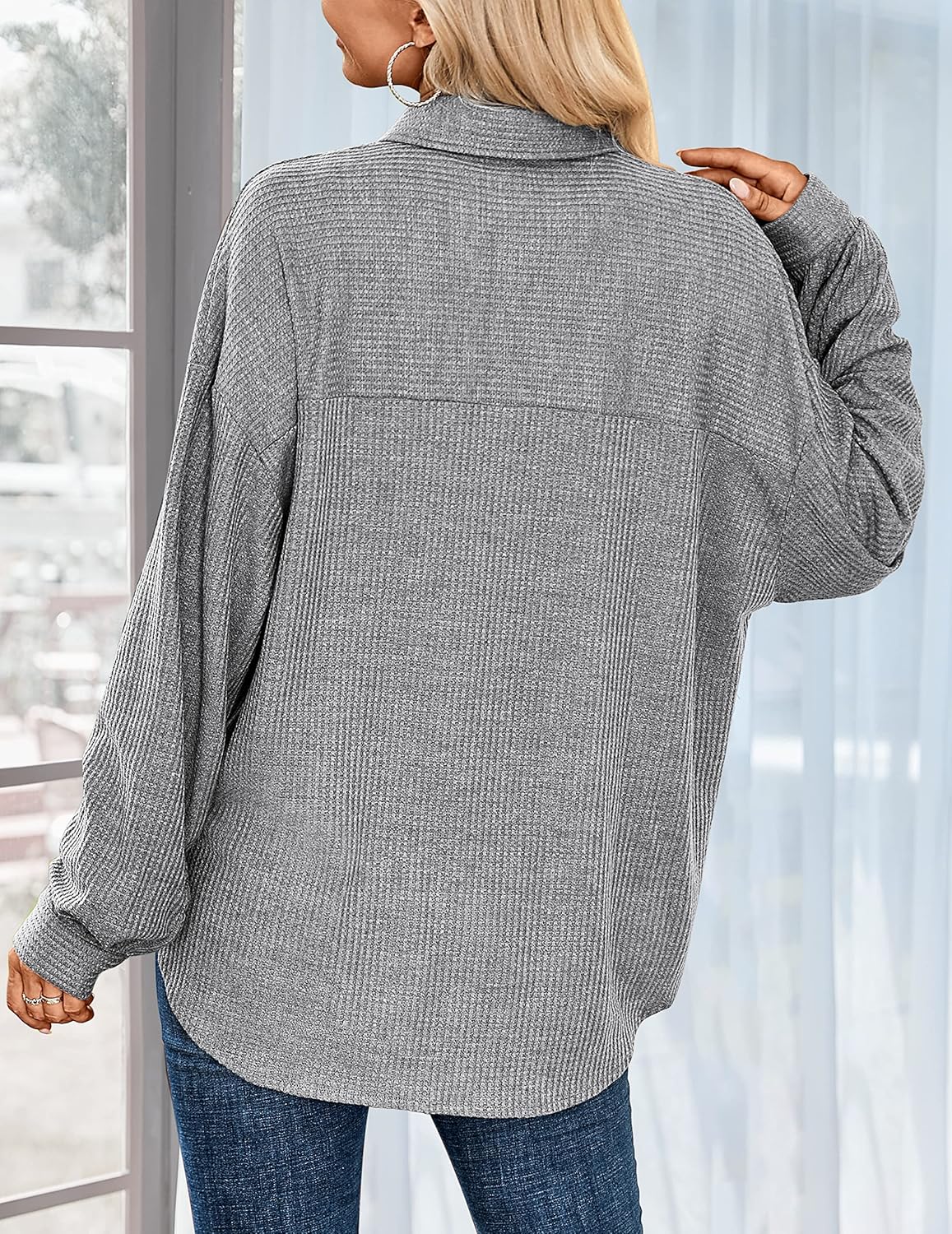 HOTOUCH Waffle Button Down Shirts for Women Dressy Casual Work Shacket V Neck Long Sleeve Lightweight Tops with Pocket - Image 3