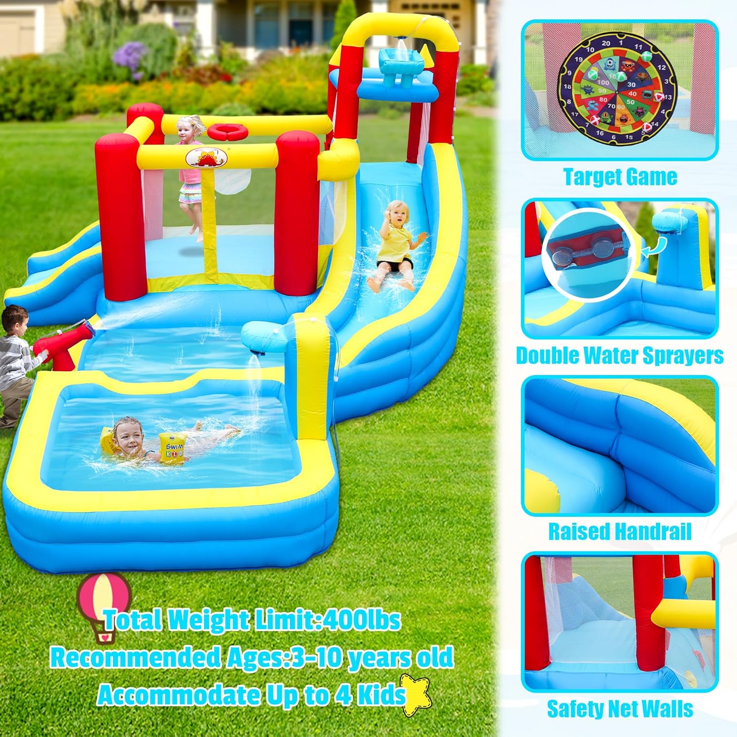 WELLFUNTIME Inflatable Water Double Slides Park with Blower, Bouncy Castle with Deep Pool, Climbing Wall, Water Cannon, Basketball, Water Bucket, Dartboard Game