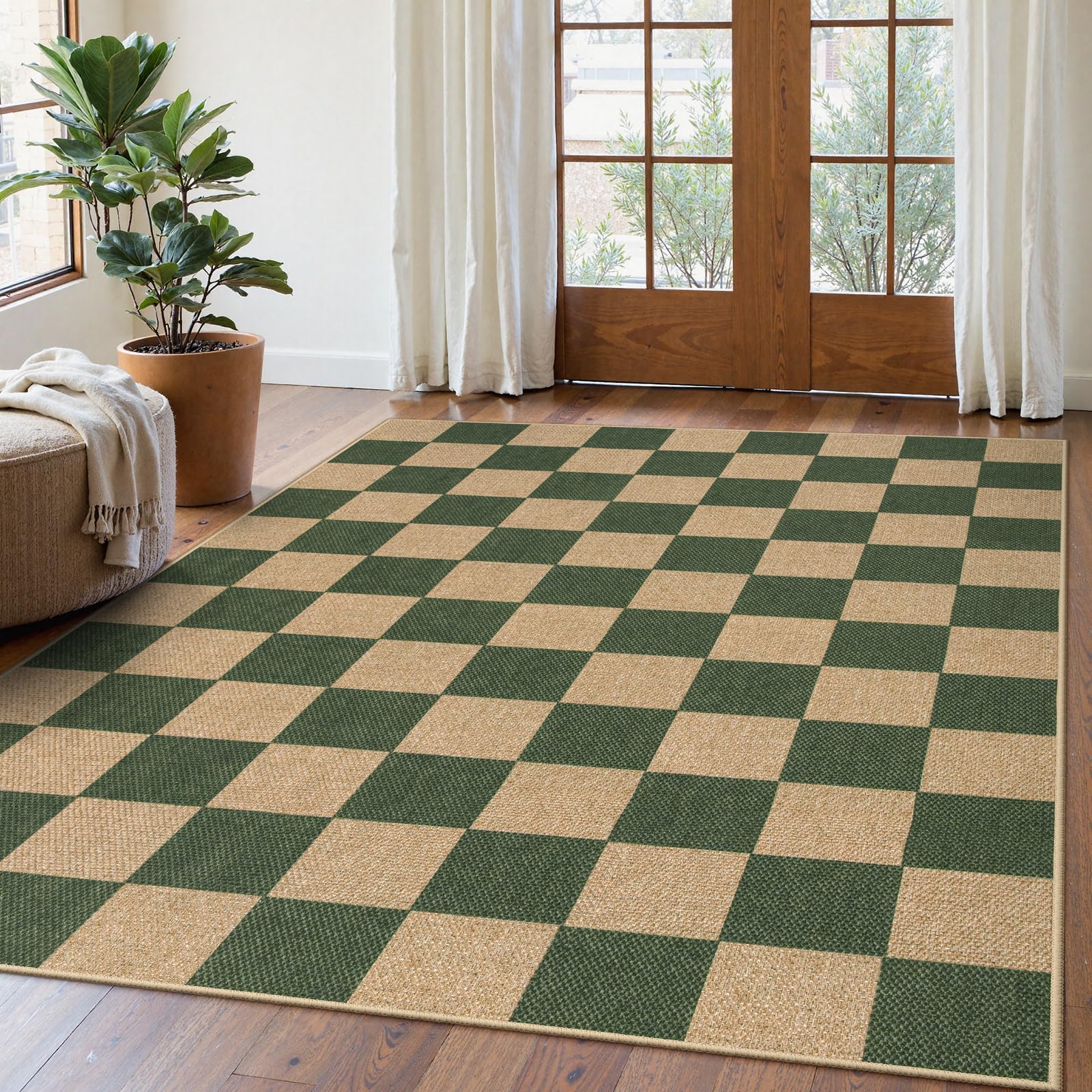 Lahome Checkered Easy Jute Dining Room Rug, 5x7 Indoor Outdoor Rugs for Patio Living Room, Neutral Checkerboard Non Slip Low Pile Green Carpet for