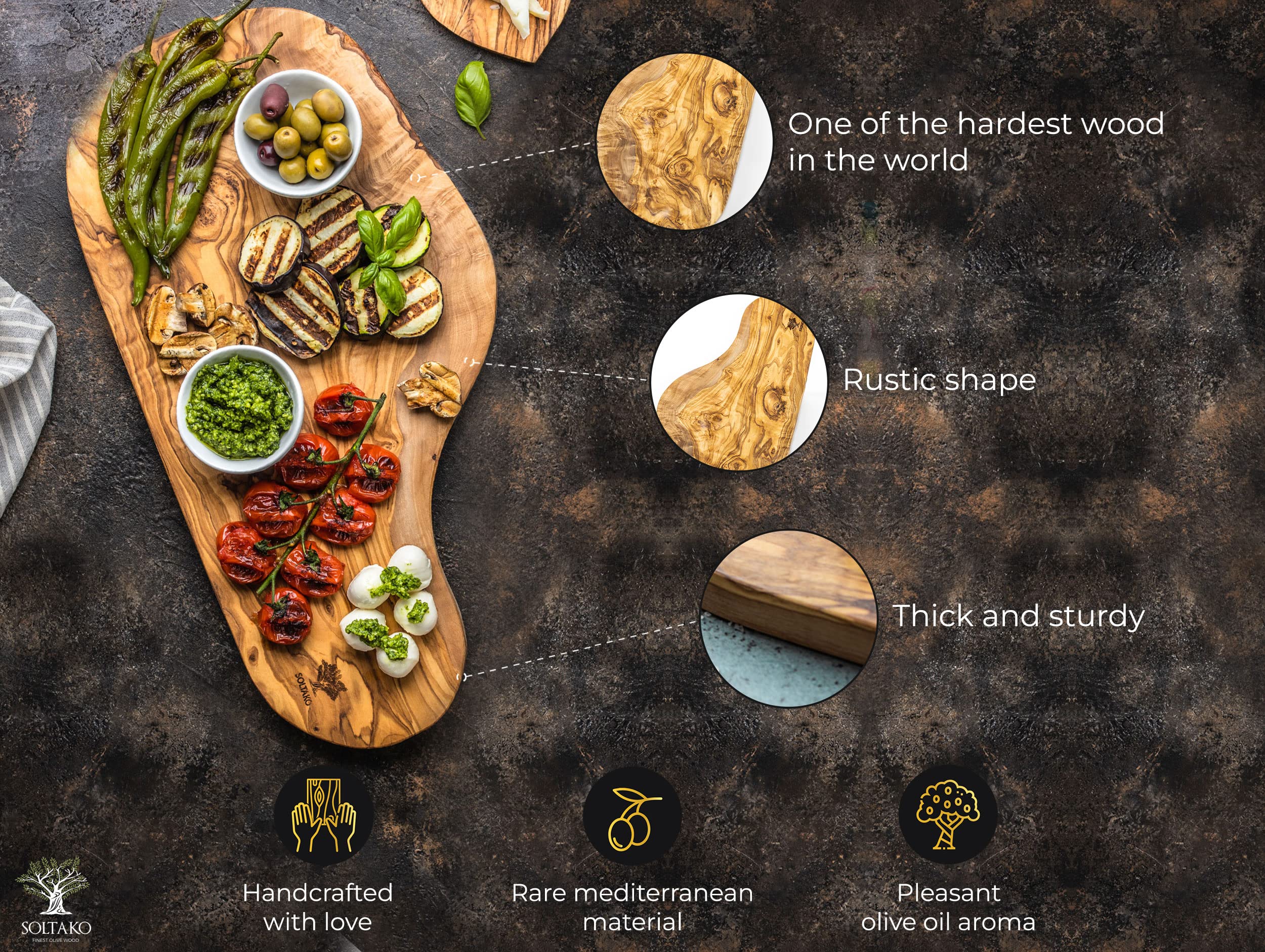 SOLTAKO Handmade Olive Wood Cutting steak board, Large Cheese Board, Hand Made Serving Platter, Wooden Charcuterie Board, Sturdy Cutting Board, Apartment Essentials, Kitchen Accessories (1, 17-19")