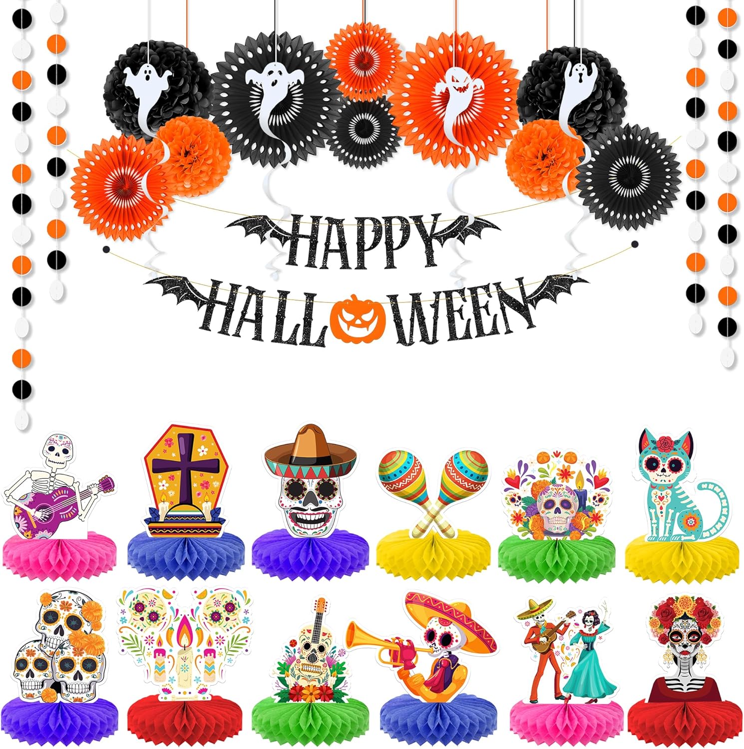 KatchOn, Halloween Decorations Set - Pack of 29 | Happy Halloween Banner- Pack of 17 & Centerpieces for Tables- Pack of 12 | All 29 in 1 Pack, Spooky Party Decorations | Day Of The Dead Centerpieces