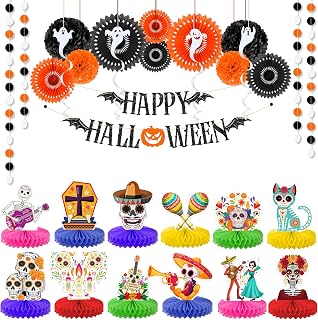 KatchOn, Halloween Decorations Set - Pack of 29 | Happy Halloween Banner- Pack of 17 & Centerpieces for Tables- Pack of 12 | All 29 in 1 Pack, Spooky Party Decorations | Day Of The Dead Centerpieces