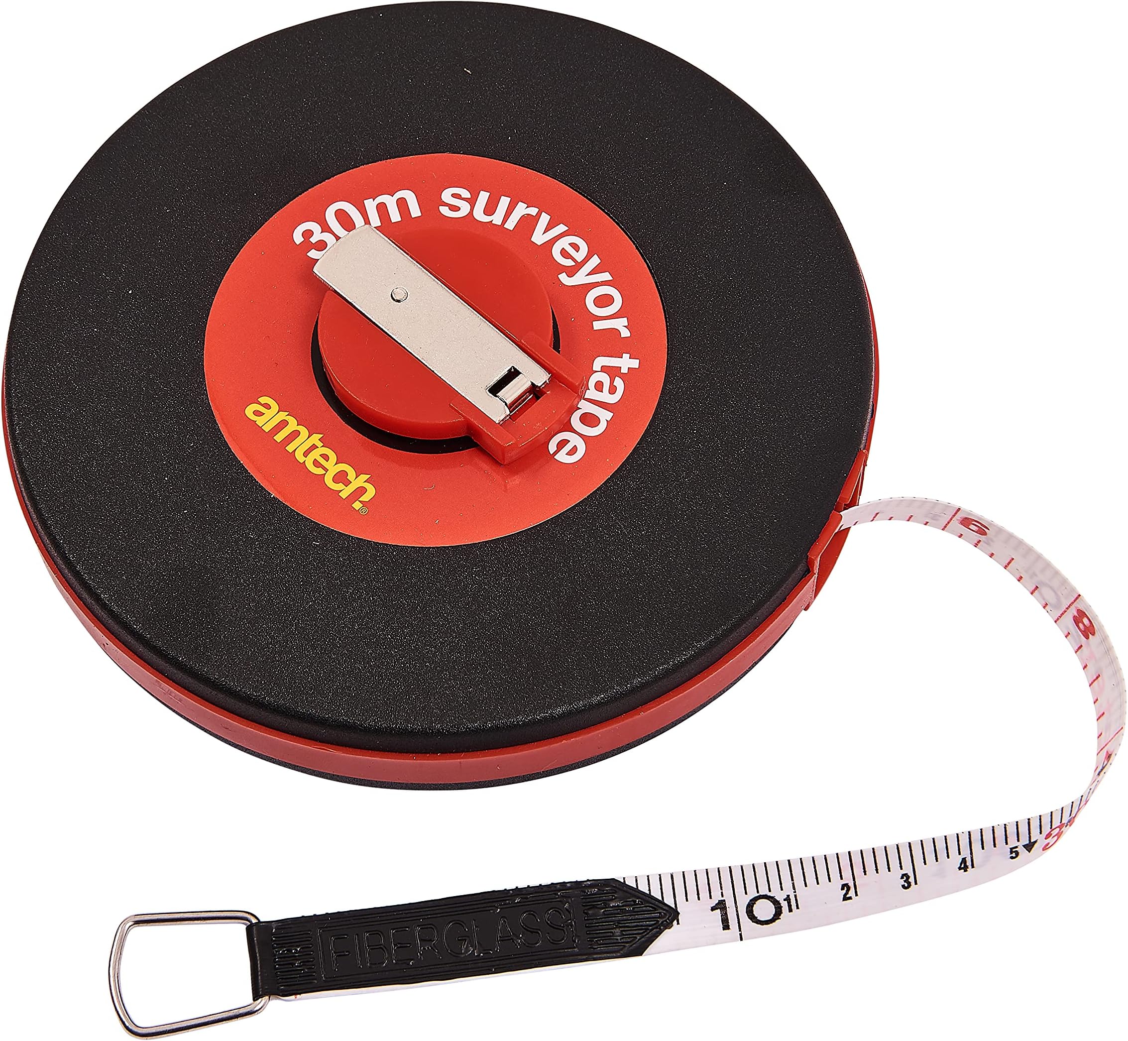 Amtech - Fibreglass Tape Measure, Surveyors Tape Measure with Dual Metric and Imperial Measurements, Durable, Suitable for Outdoors, Ergonomic Casing, Metal Ring for Quick Attachment (30m)