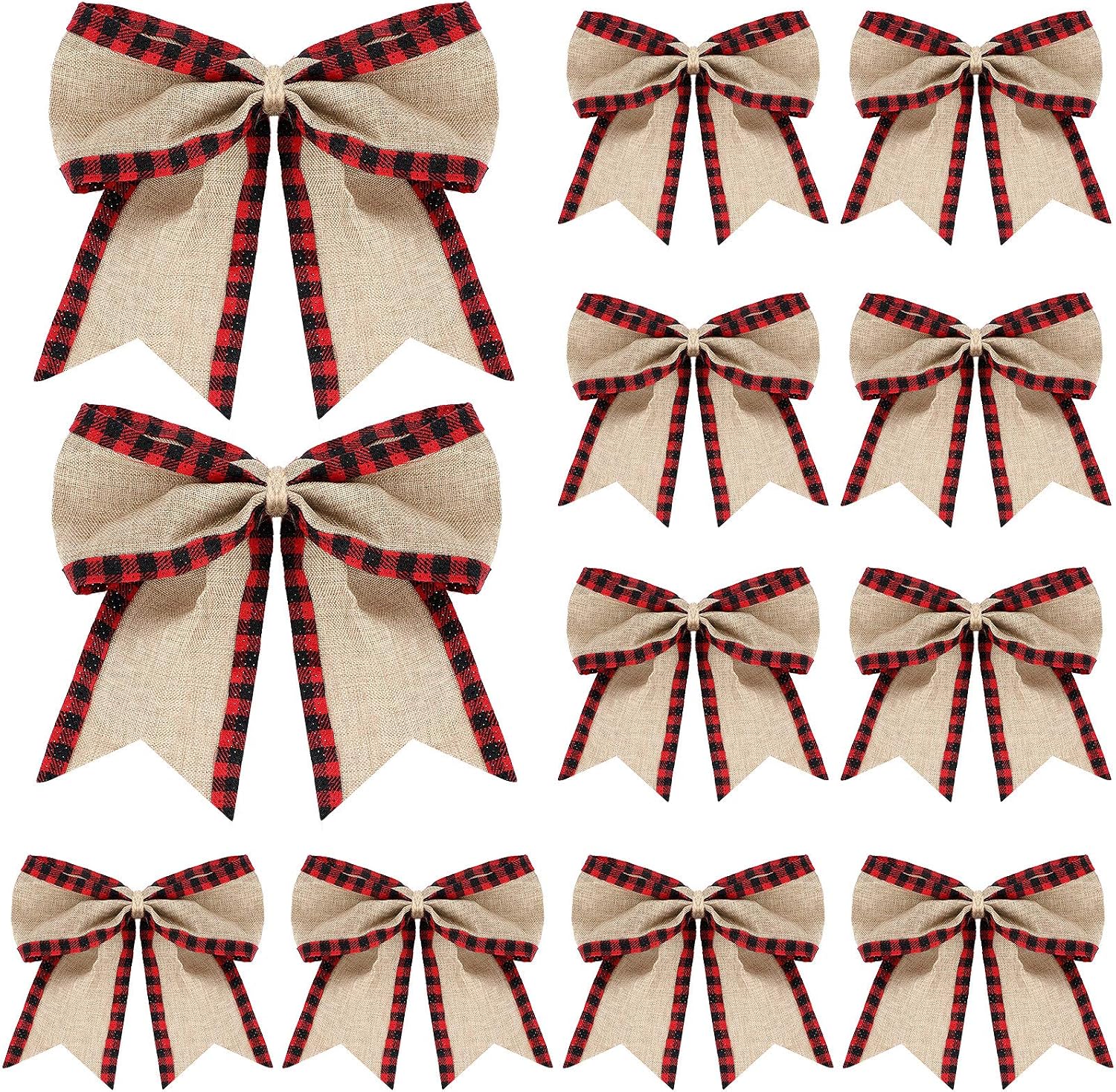Syhood 12 Pieces Christmas Burlap Plaid Bow Christmas Buffalo Plaid Bow Christmas Decoration Bow for Christmas Tree Crafts Home Decoration (Black and Red)