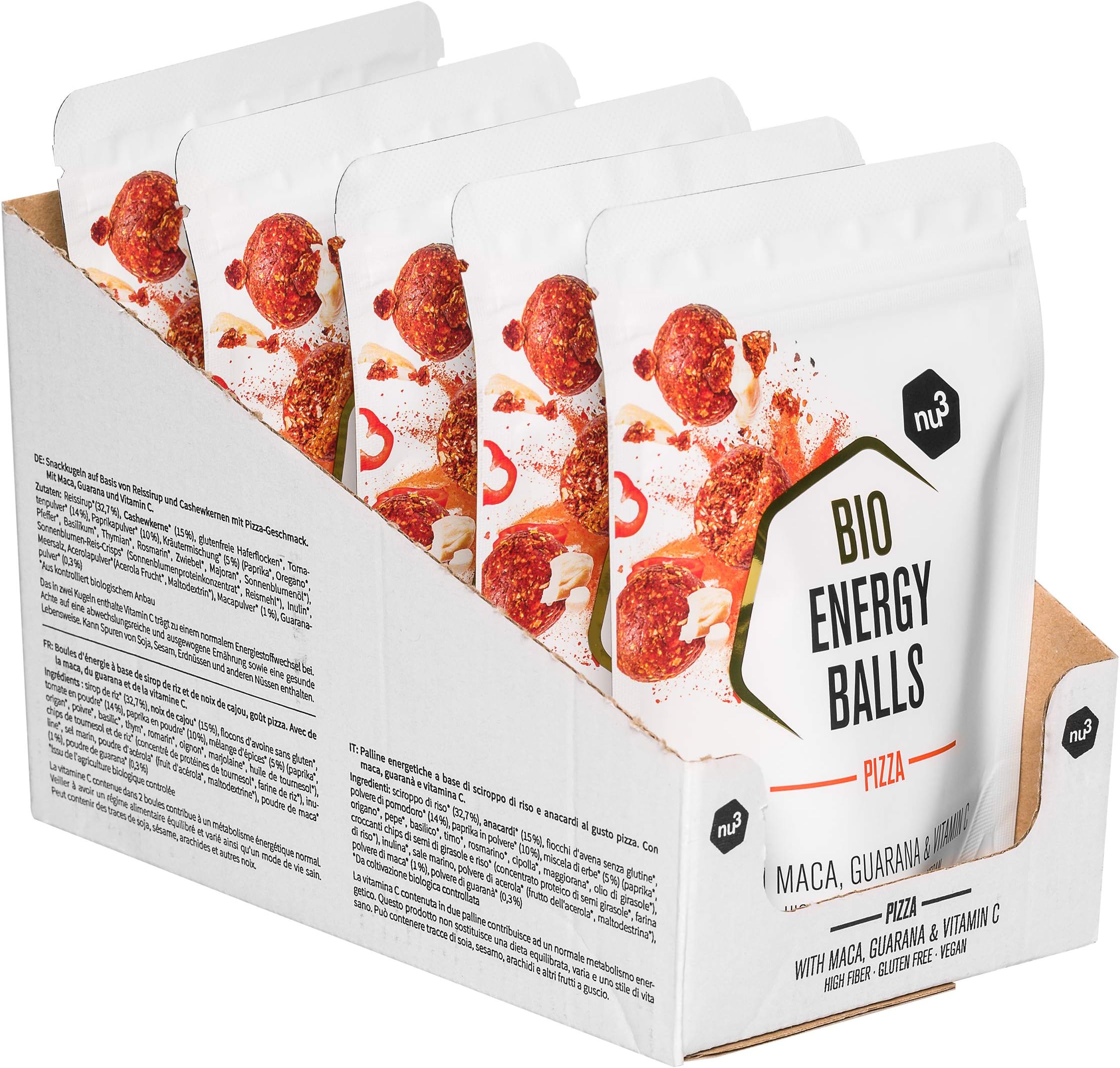 nu3 Organic Energy Balls - Pizza - 5 x 70 g - Vegan, Gluten-Free & high Fiber - Pizza Flavour - Hearty Snack with maca, Guarana, acerola & Vitamin C - Natural Ingredients