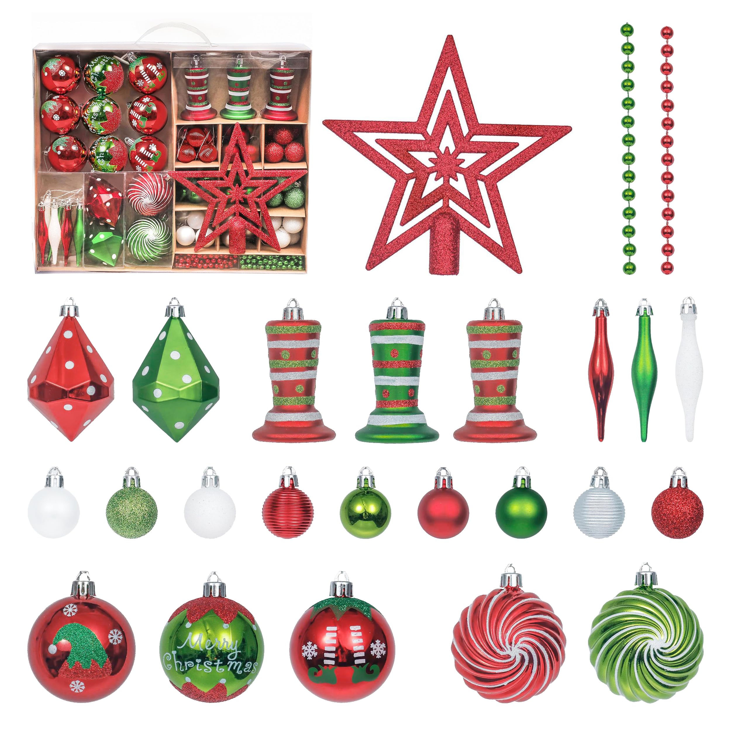 Victor's Workshop 90Pcs Bolas de Navidad, Adornos de Navidad para Arbol Tema Elfo Setl, Decoración de Bolas Navideños Plástico de Rojo Blanco Verde, Regalos de Colgantes de Navidad (Deleitoso)