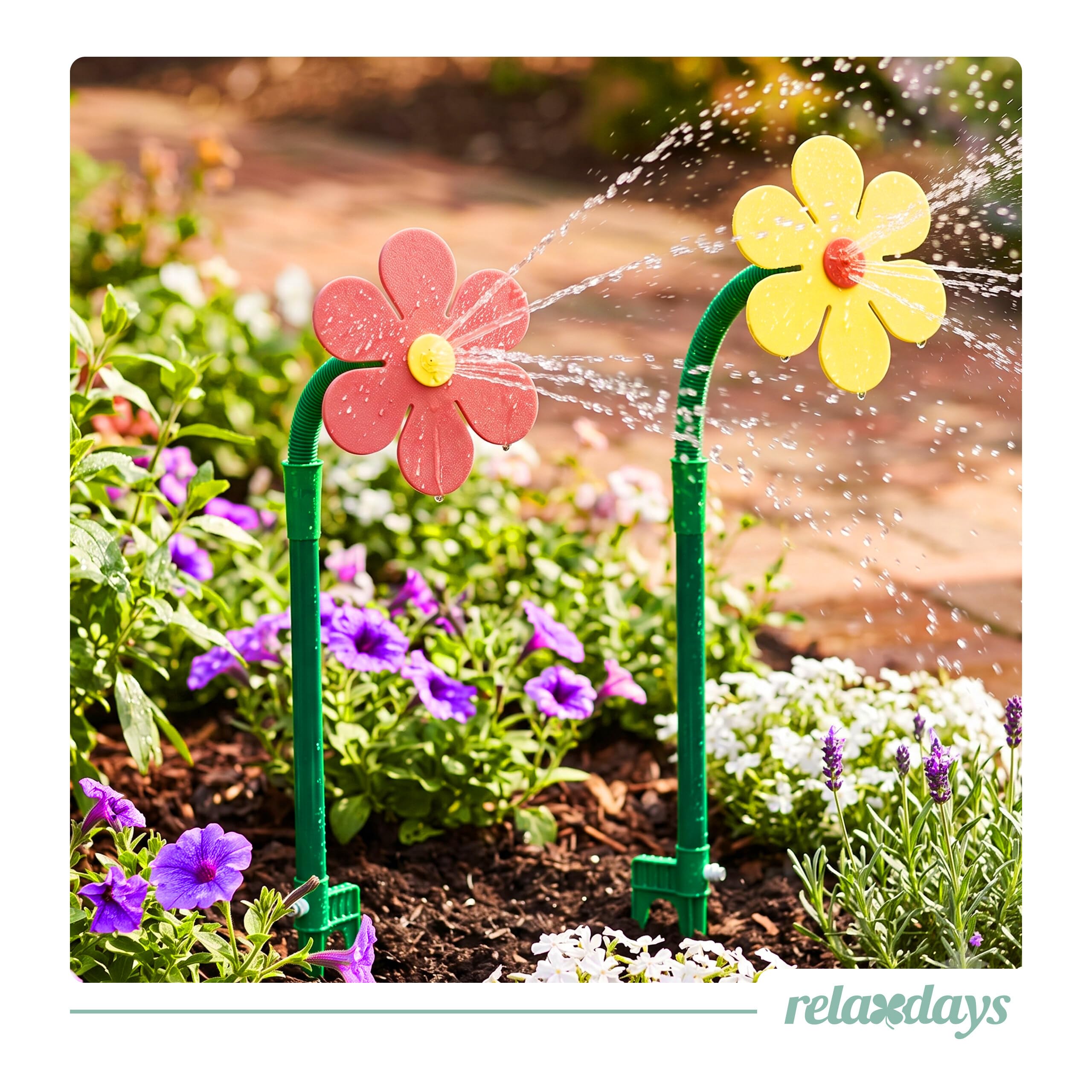 Relaxdays Sprinkler Blume, Kinder, 2er Set, Garten, 6 m Reichweite, 360°, Spritzblume, HxBxT: 105 x 28 x 28 cm, rot/gelb Garten