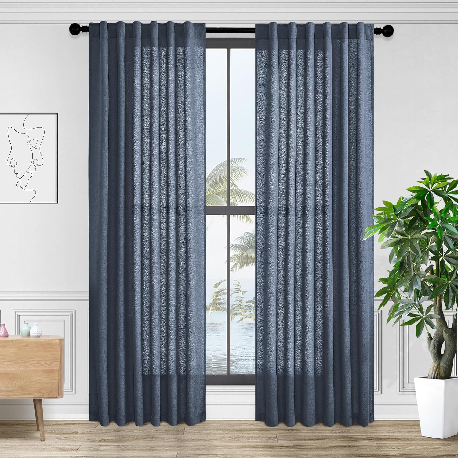 Back Tab Curtains 84 Inches Long Linen Blended Semi Sheer Curtains 2 Panels Set, Dark Blue Extra Wide Drapes for Patio Hallway Door French Window, Navy Blue Curtain 50x84 Inches Length