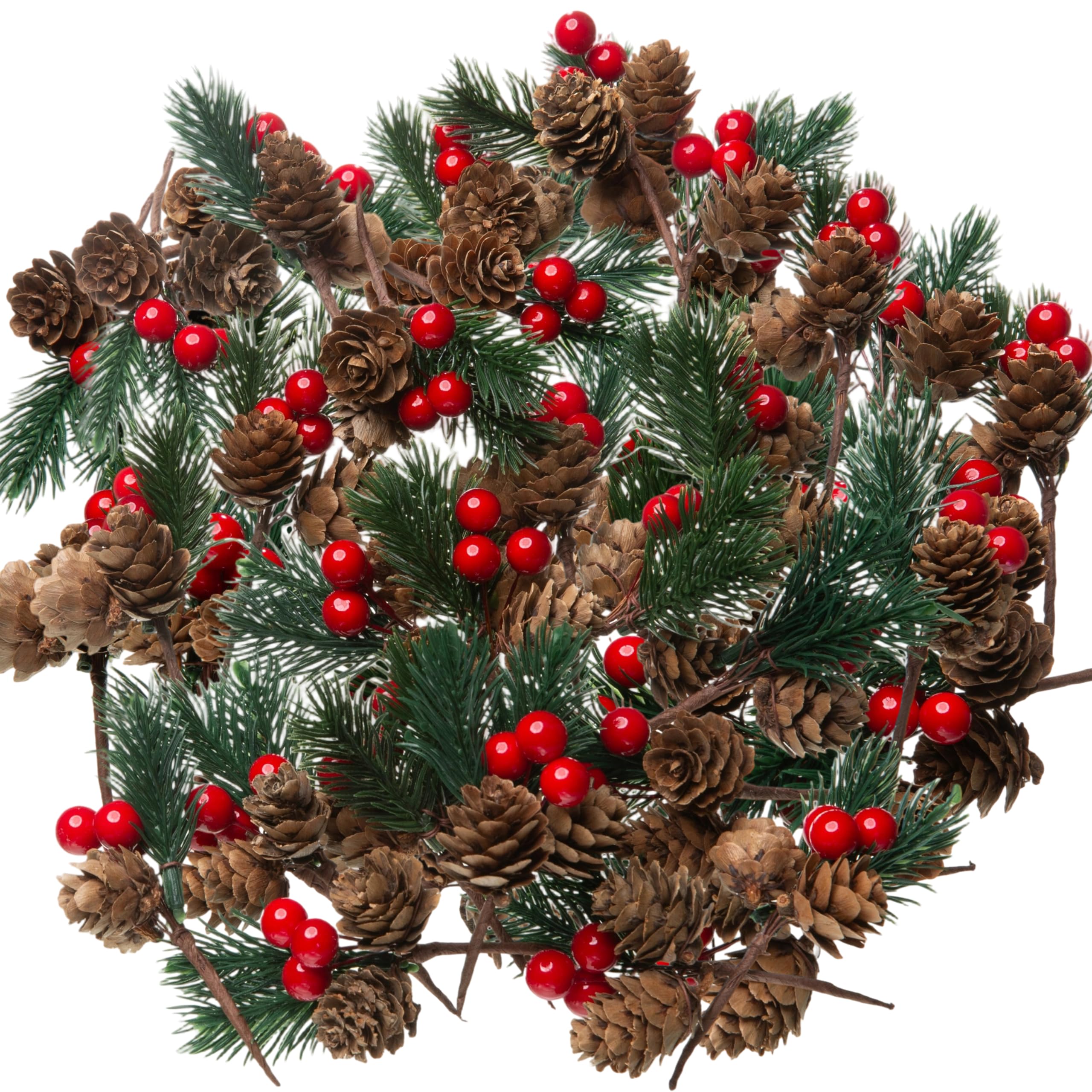 Künstliche Tannenzapfen mit Tannennadeln, Zweigen und roten Beerenstielen – 8,9 cm kleine künstliche Beeren, Tannenzapfen zum Basteln, für Weihnachtsbaum, Weihnachtskranz, Dekoration, 24 Stück