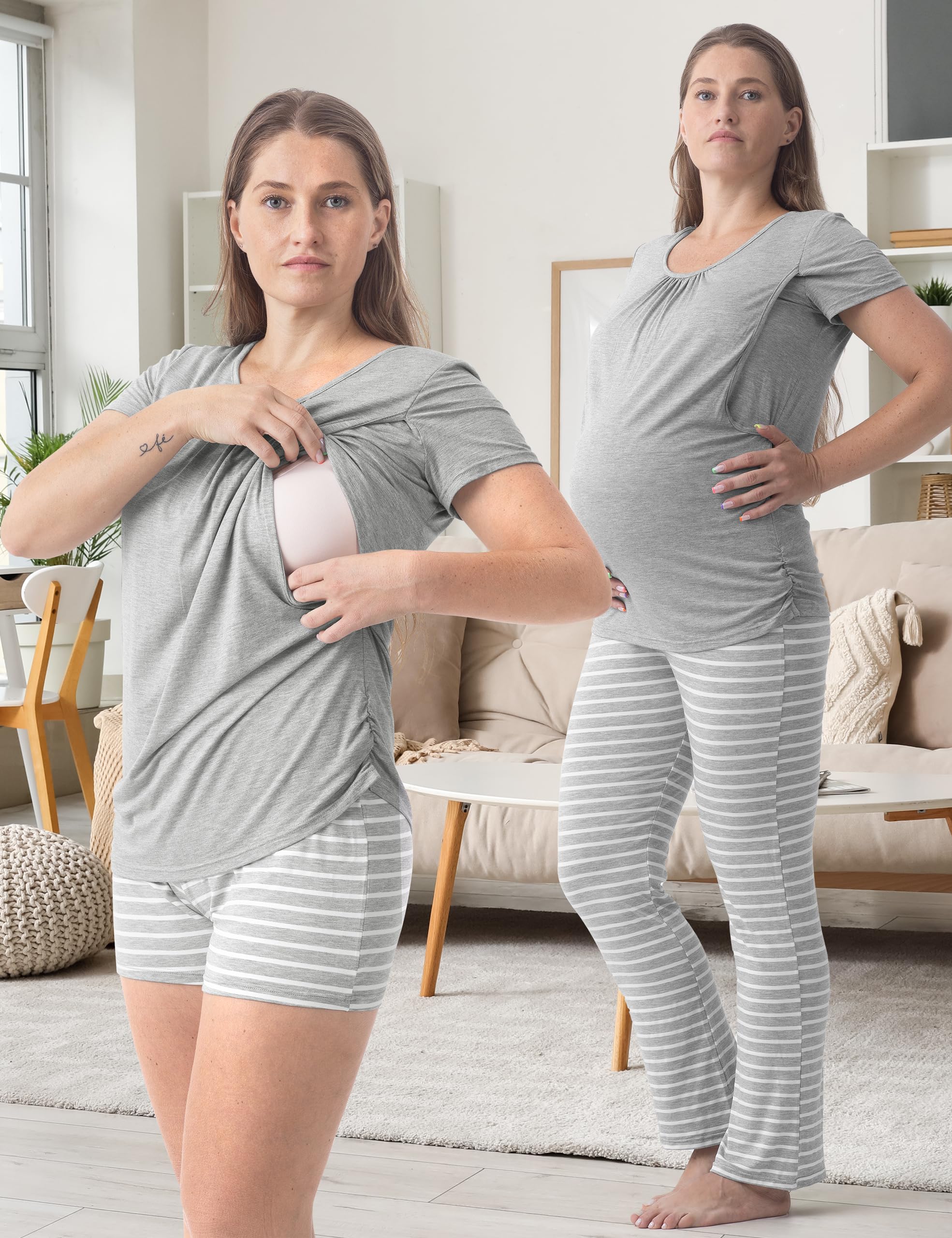 SUNNYBUY Pigiama Premaman per Donna 3 Pezzi – Maglietta Allattamento a Maniche Corte, Pantaloncini e Pantaloni Premaman, Grigio&Righe XL
