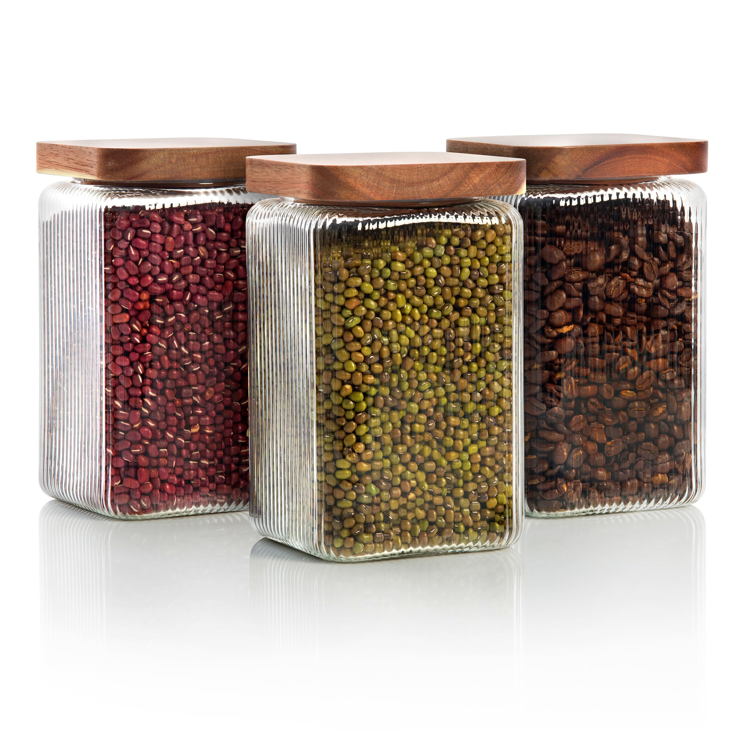 Mason & Fable Barattolo quadrato in vetro a coste con coperchio in legno, 1350 ml, set da 3 barattoli ermetici scanalati per alimenti, pasta, caffè, noci, contenitore quadrato per casa e cucina