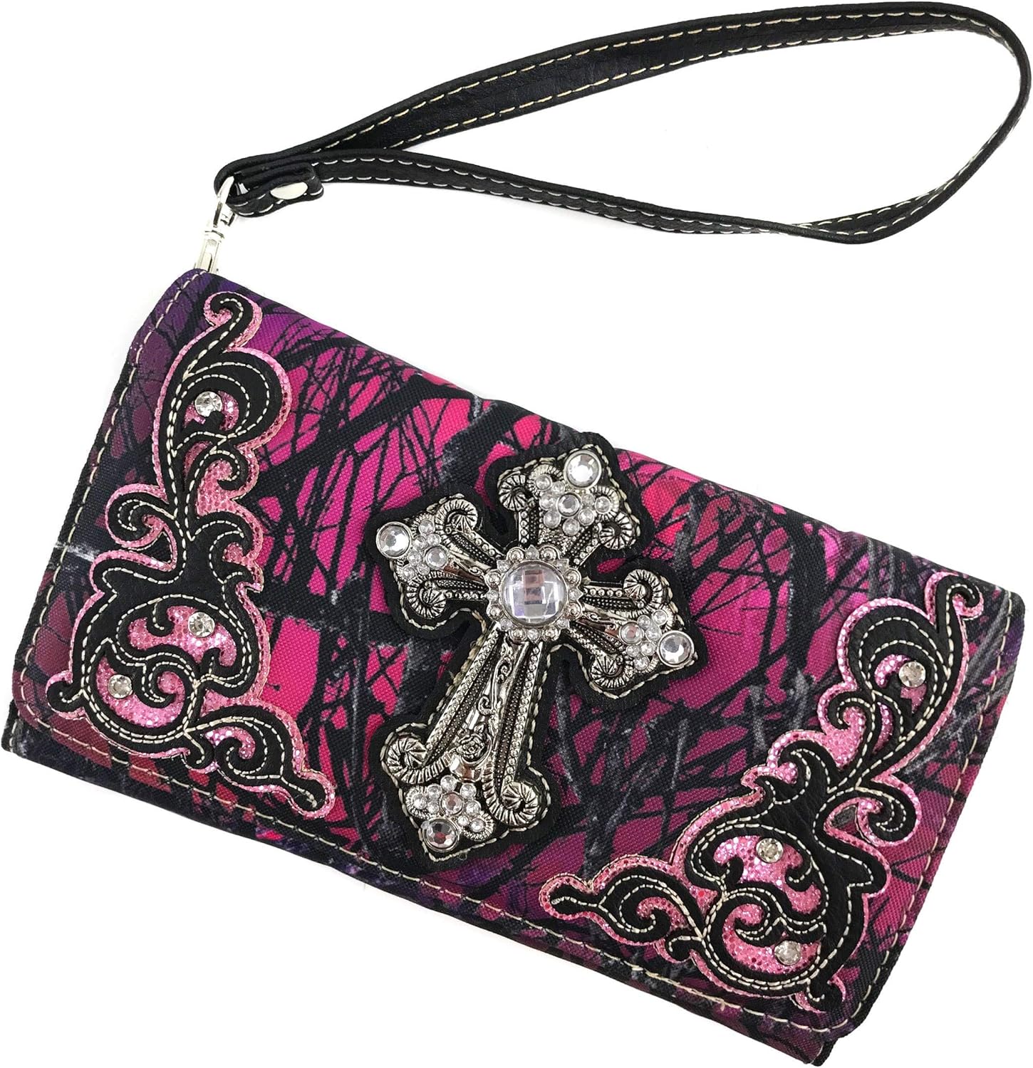 Zelris Camouflage Shine Glow Silver Cross Women Crossbody Trifold Wallet