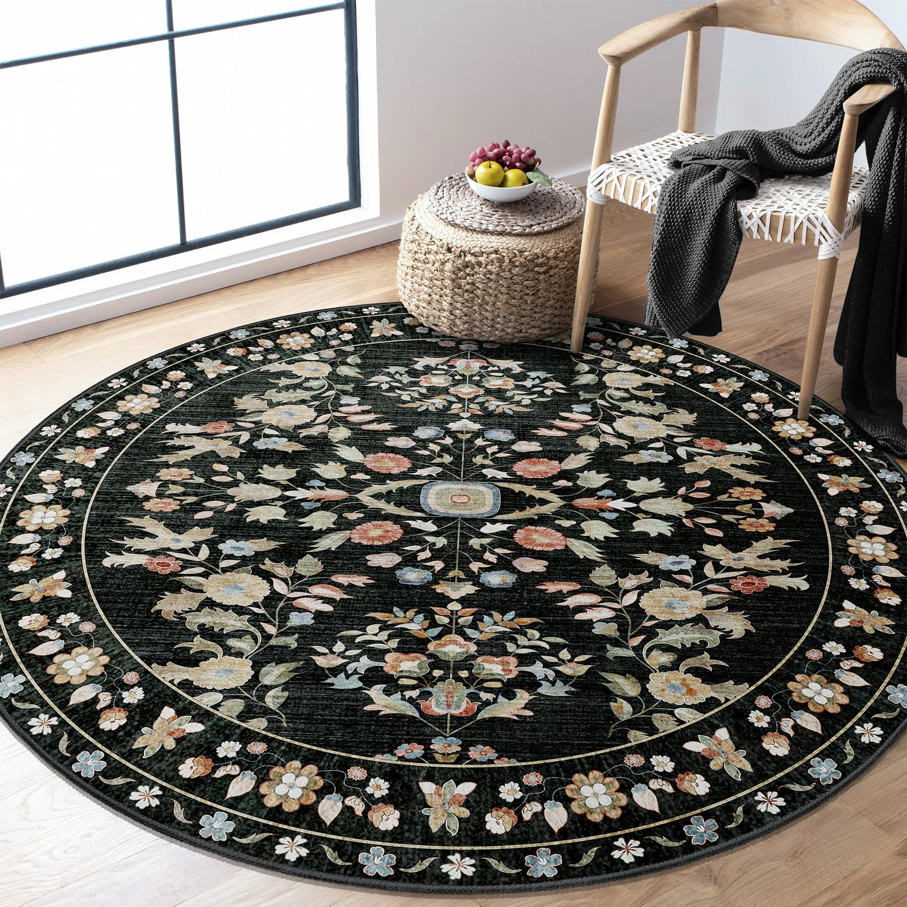 MUJOO Round Rug 5ft,Black Circle Area Rug Washable,Circular Rugs for Bedroom Living Room,Boho Non Slip Throw Carpet Vintage Floral