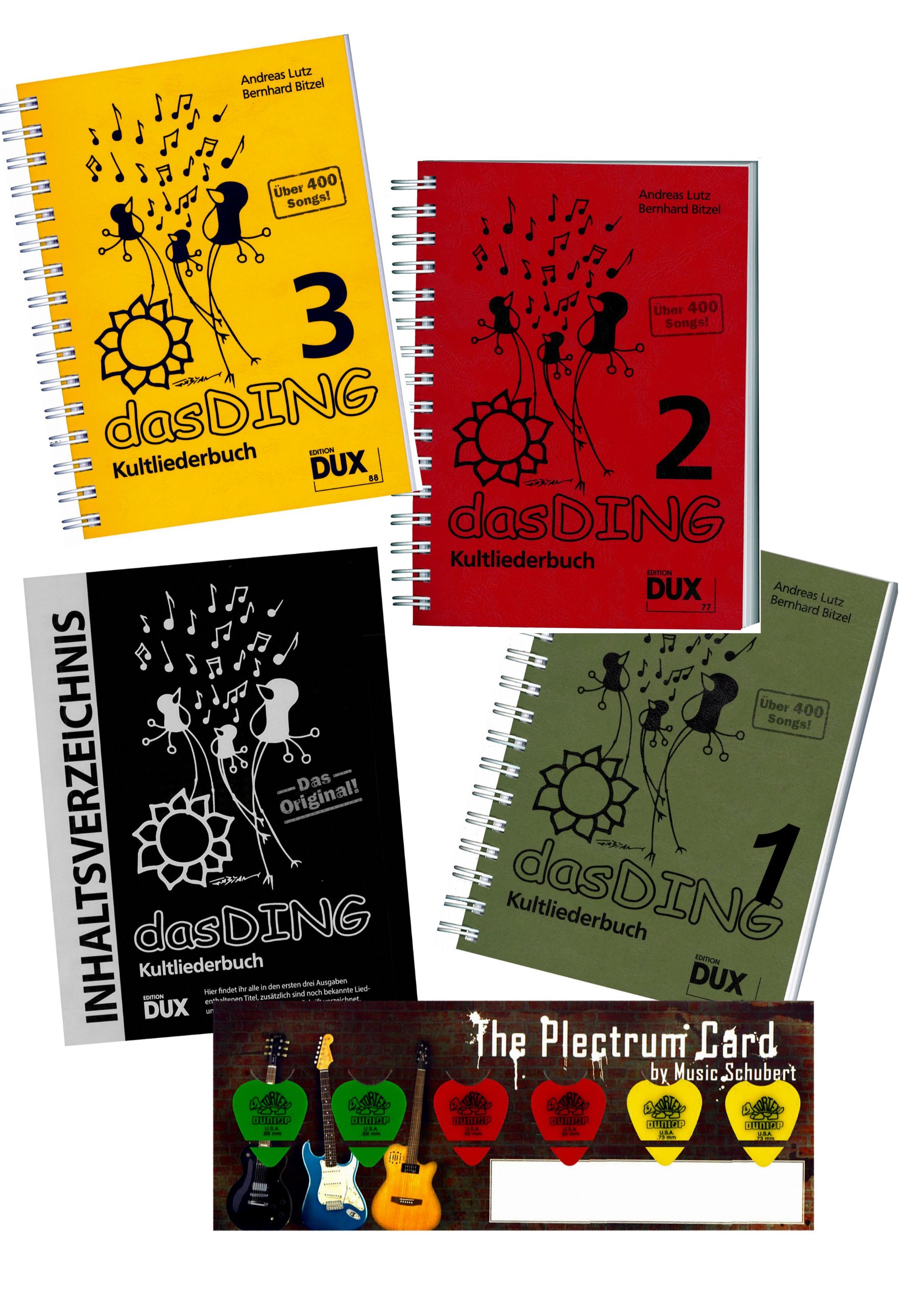 Das Ding 1+2+3 - der ultimative Liederbuch - Megapack ! ! ! (über 1200 Songs !) im Set mit Musik-Schubert Plektrum-Card© und extra Gesamt-Inhaltsverzeichnis - alphabetisch sortiert