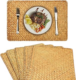 OwnMy Pack of 6 Natural Seagrass Placemats Woven Rattan Place Mat Rectangular Table Mats, 17" x 12" Sea Grass Meal Placemat Bamboo Place Mats for Dining Table Home Kitchen Picnic Table, Caramel Color