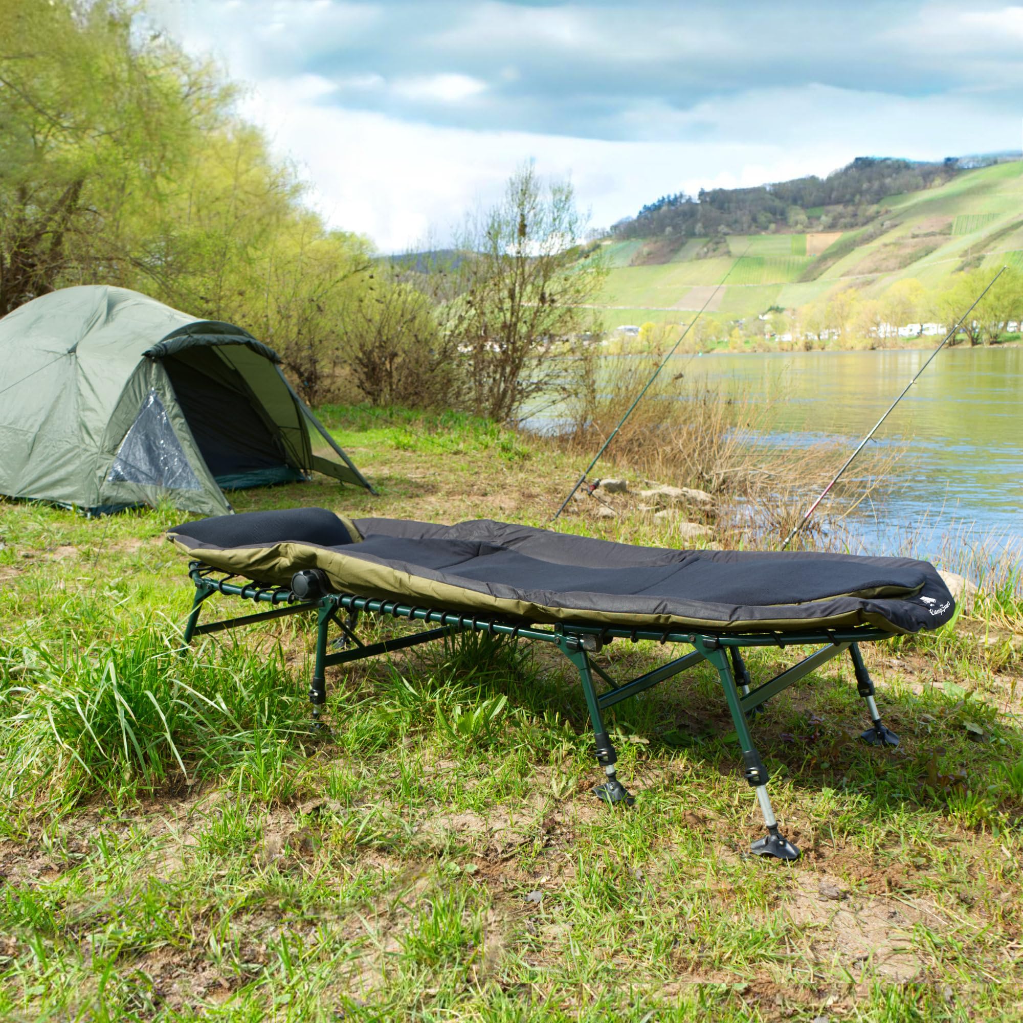CampFeuer Lettino da pesca XXL 210 x 85 x 45-60 cm | Lettino da carpa regolabile in altezza e stabile con 8 gambe | Letto pieghevole, lettino da campeggio, lettino da carpa