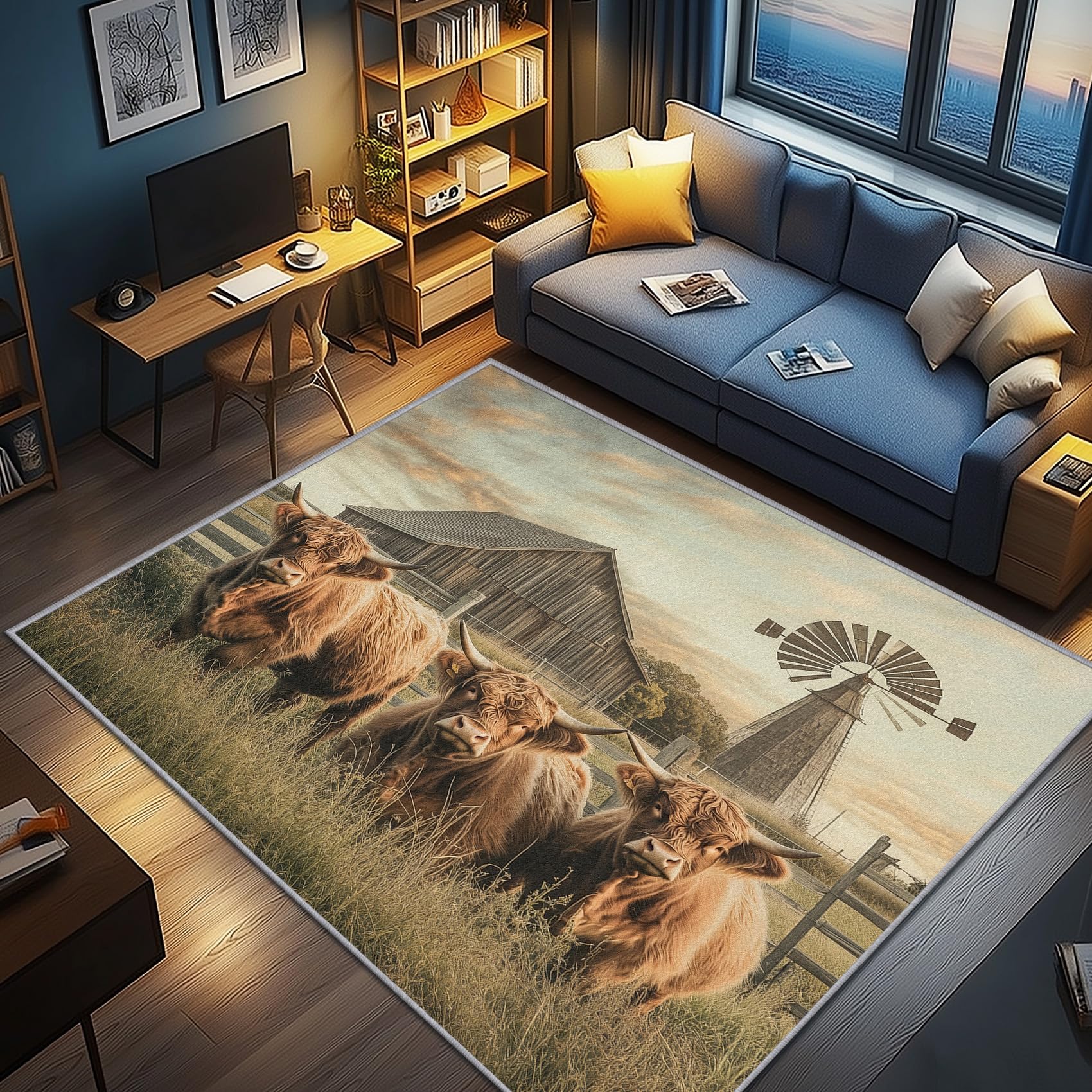 Hochlandrind Deko, Rustikale Bauernhaus Teppich 120x160 Kurzflor, Teppich Wohnzimmer Bauernhoftiere, Weich rutschfest Waschbare Teppiche, Bettvorleger Schlafzimmer Kinderzimmer