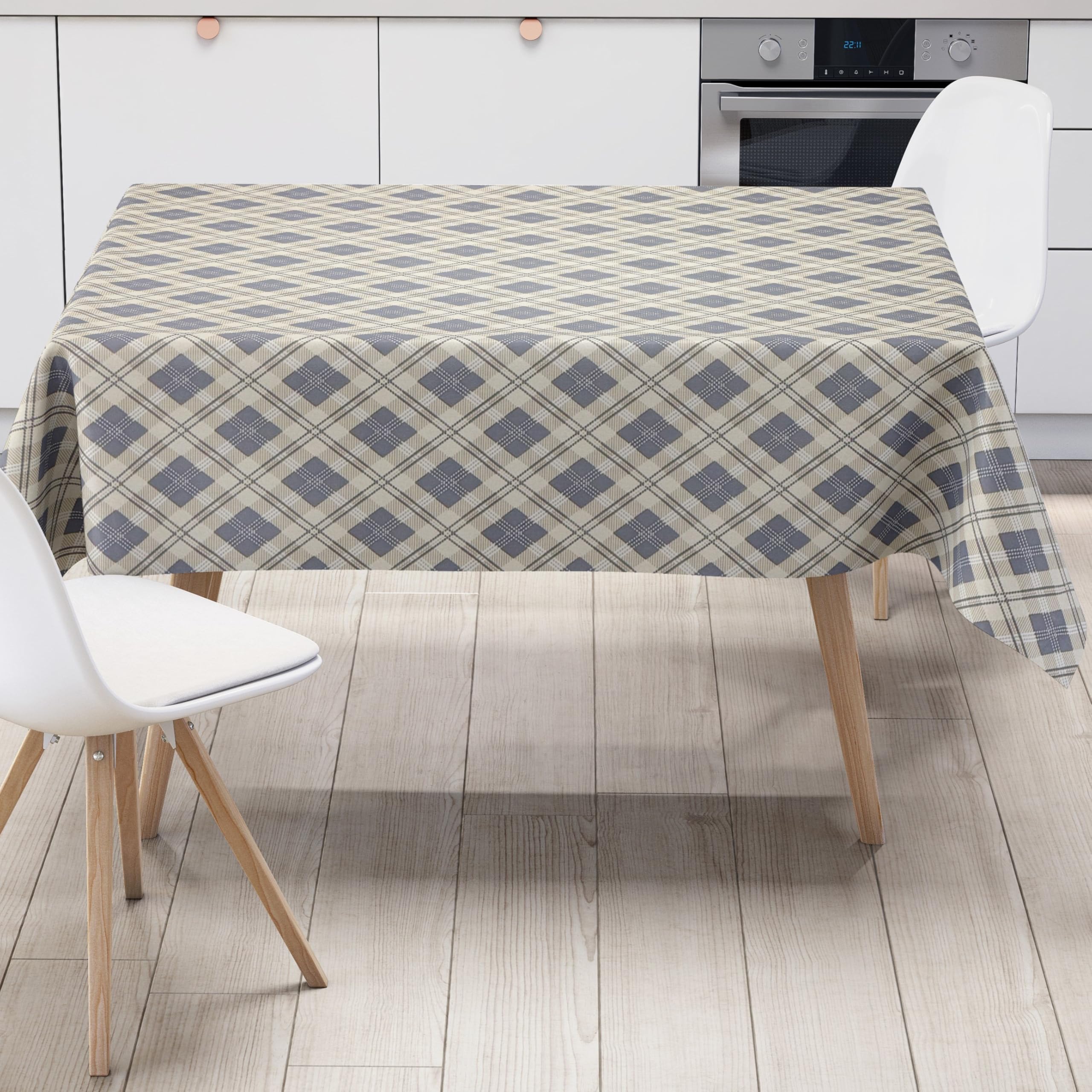 KEVKUS Wachstuch Tischdecke geprägt P1202-4 beige hellblau Raute Karo wählbar in eckig, rund und oval - Größe oval 140x220cm mit Paspelband