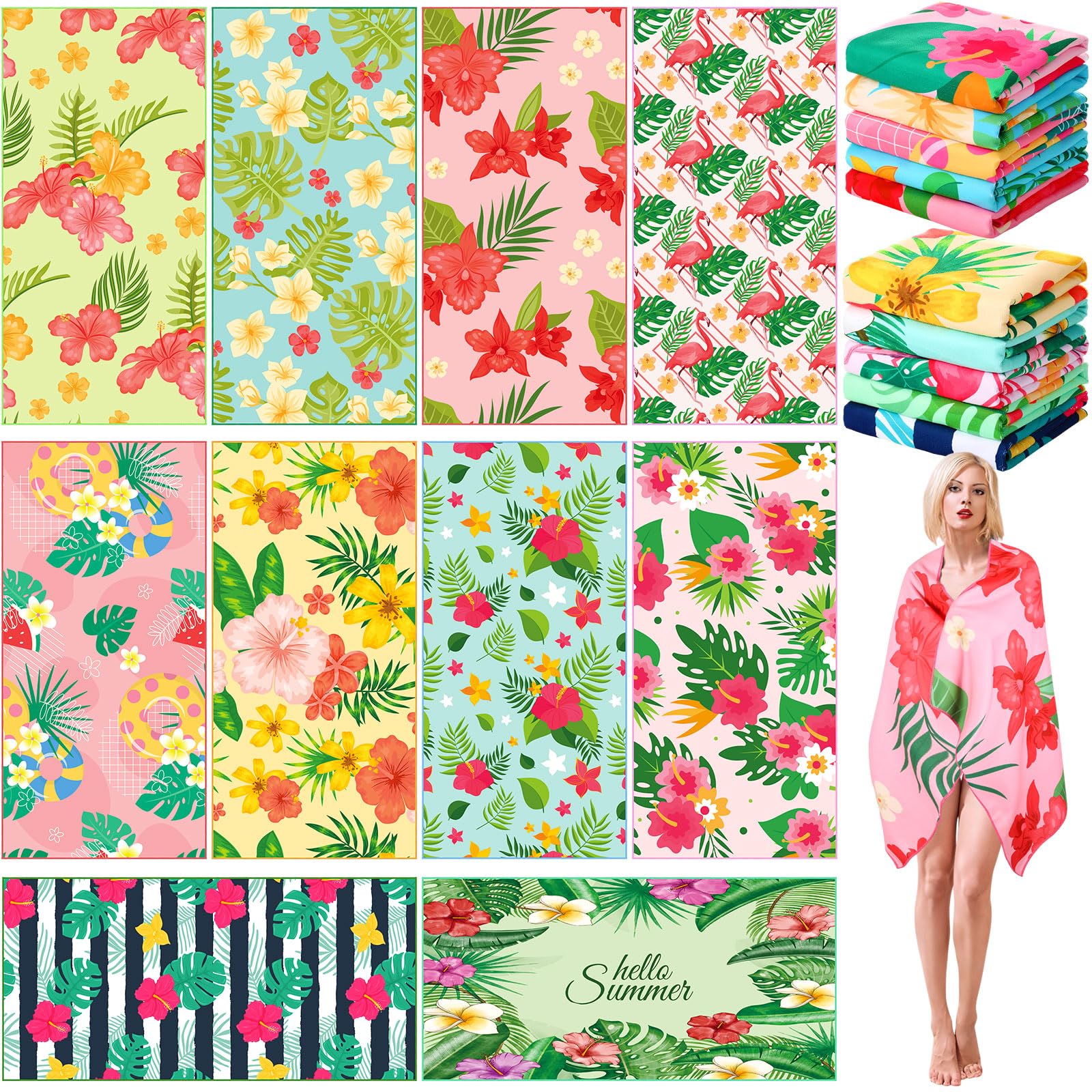 FuWeave 10 Pack Microfiber Beach Towel 28 x 55 Inch Oversized Large Quick Dry Thin Beach Towels for Pool Camping, Sand Free Lightweight Blanket for