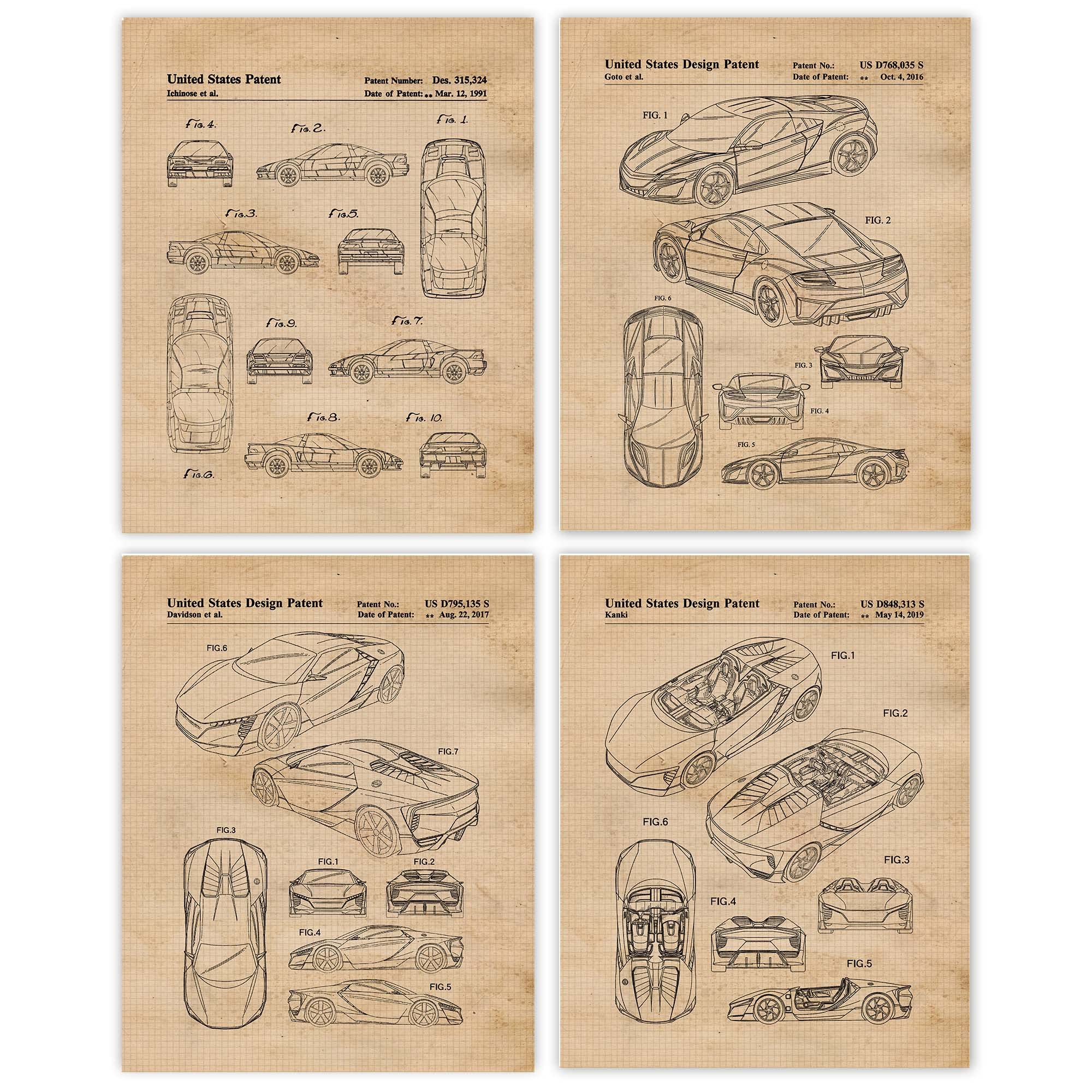 Vintage NSX Concept Auto Patent Prints, 4 (8x10) Unframed Photos, Wall Art Decor Gift for Home Office Machine Gears Garage Parts Shop School College Student Teacher Coach Honda Japan Team Race Fans