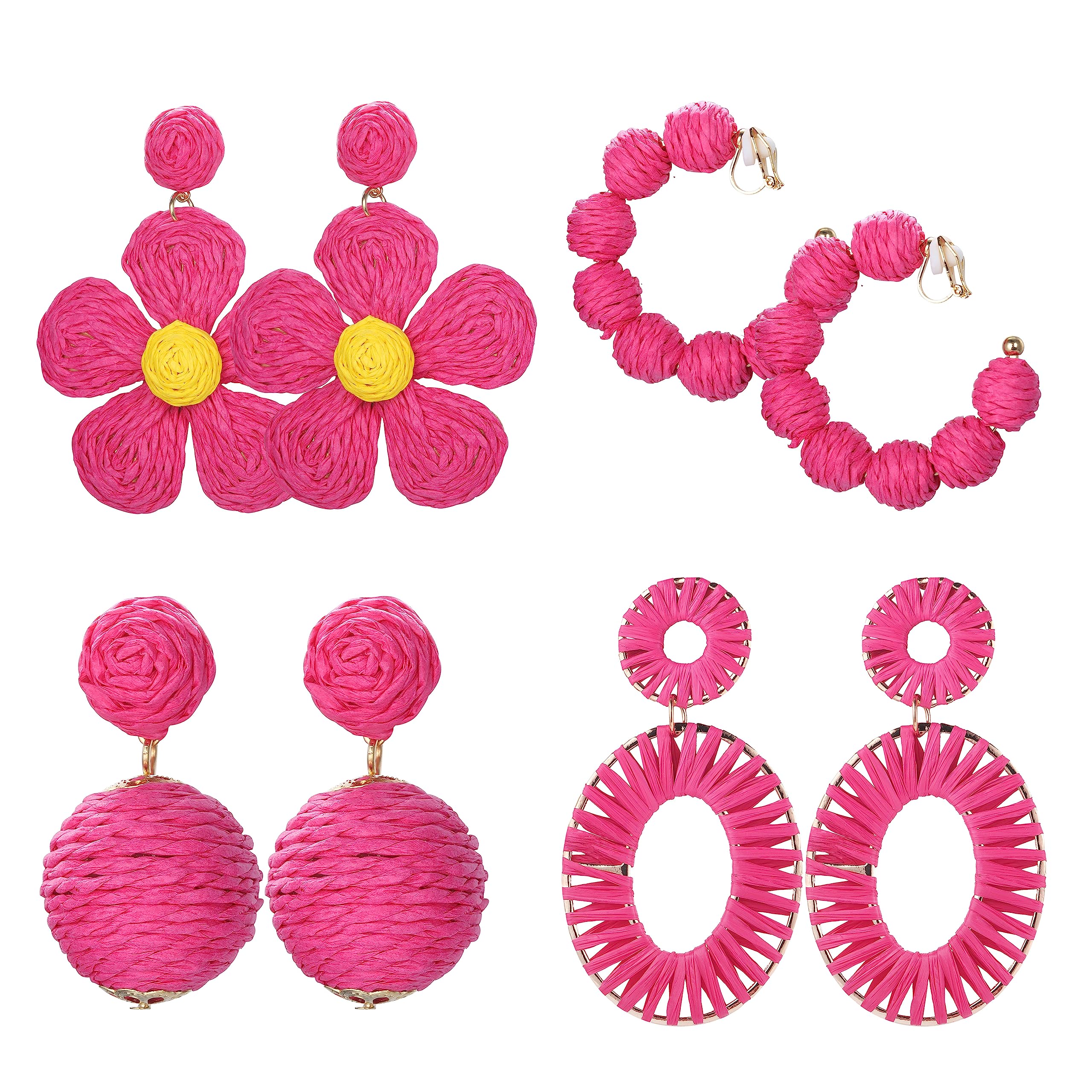 BesteelRattan ππ₯π’π© On Earrings for Women Handmade Raffia Straw Statement Dangle Hoop Earrings Flower Bead Boho Colorful Pink Summer Beach Vacation Earrings ππ¨π§ ππ’ππ«πππ for Women