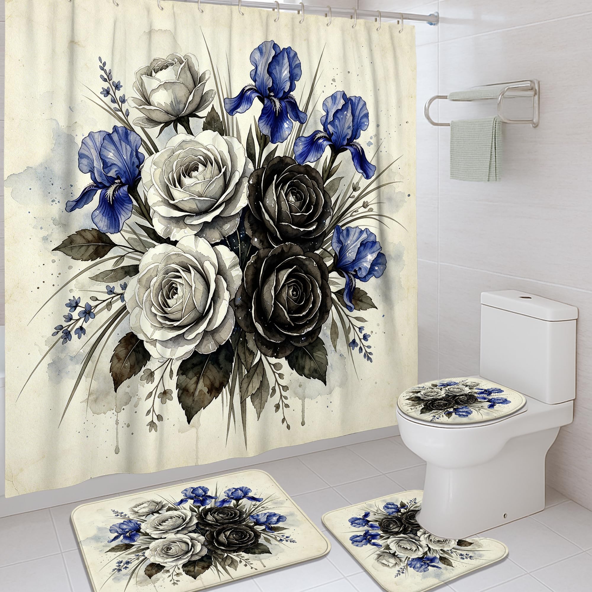 Rideaux de douche textile vintage 183x183 avec tapis de bain iris