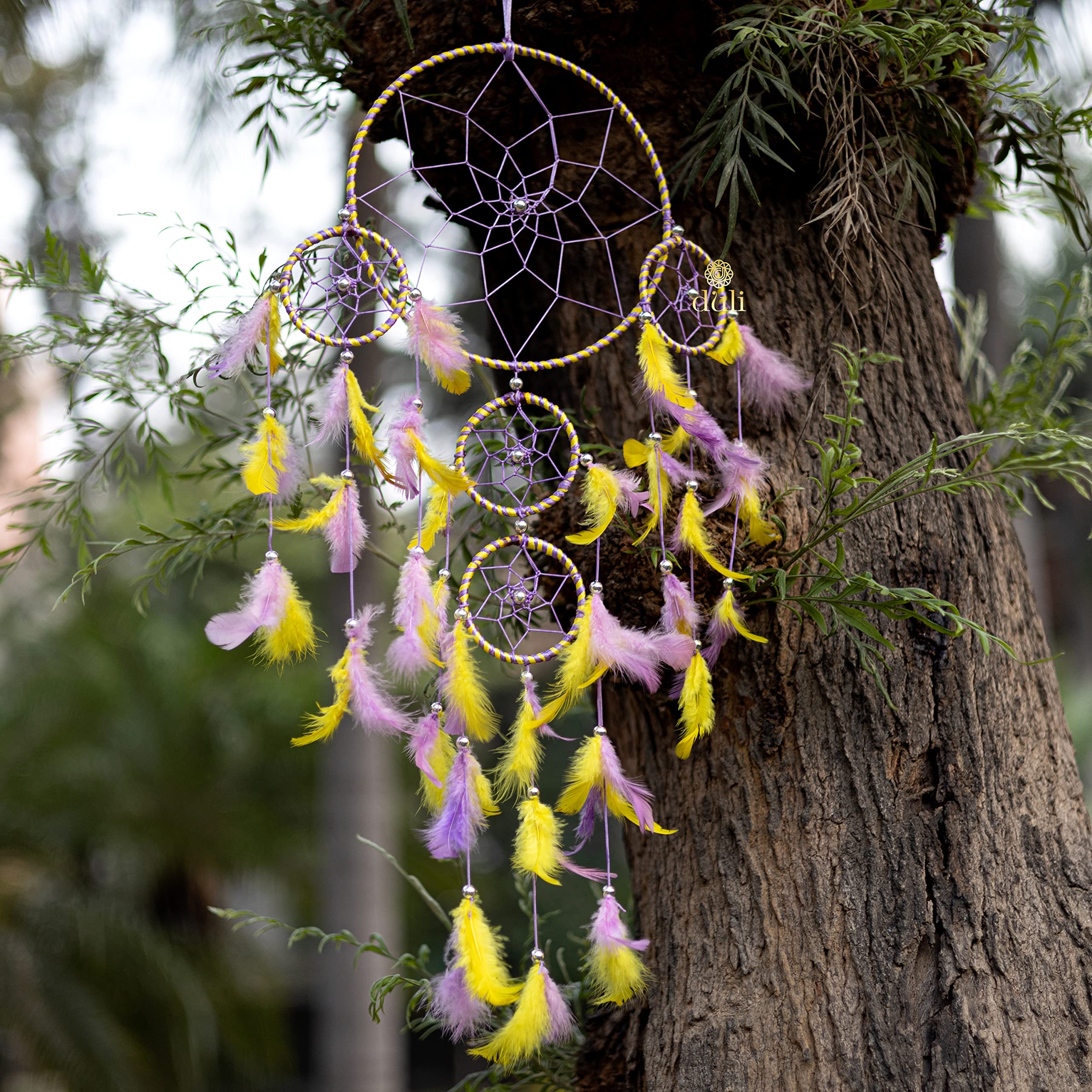 DULI Dream Catcher Wall Hanging for Bedrooms, Living Room, Home Decor Wall Hanging Design, Garden, Restaurants, Cafe, & Party, Dreamcatcher Wall Art Decorative Height 75 cm (5RingDC-YellowPurple)