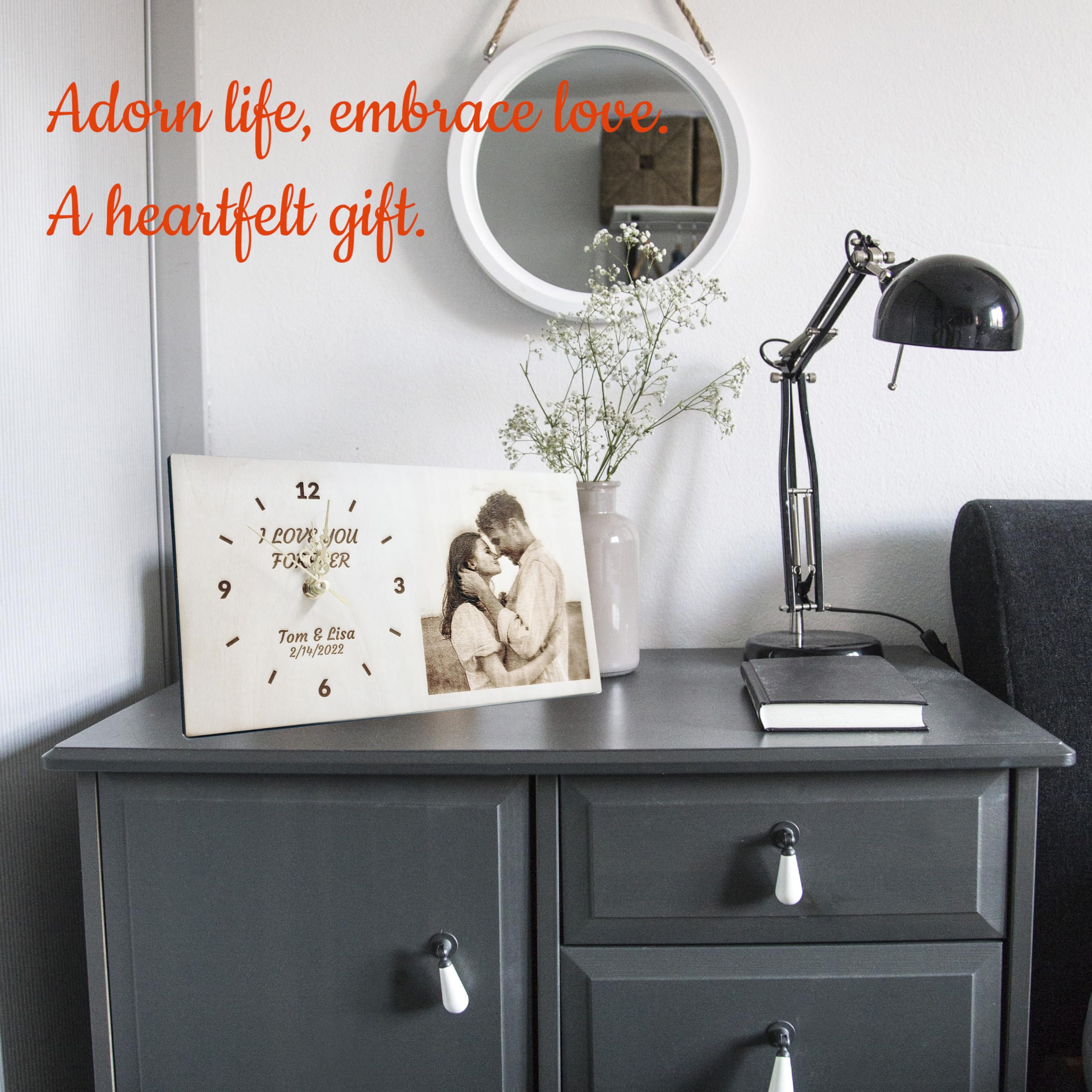 Personalized Wooden Clock with Photo, Custom Photo Engraved Desk Clock for Living Room, Bedroom, Kitchen, Perfect Decoration Gifts for Birthday,Wedding, Graduation,Anniversary,and Family Memories