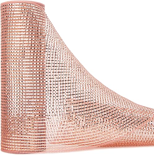 Ribbli Cinta de malla metálica de oro rosa, malla de poliéster decorativa de 10 pulgadas x 30 pies (10 yardas), oro rosa con lámina ancha de oro